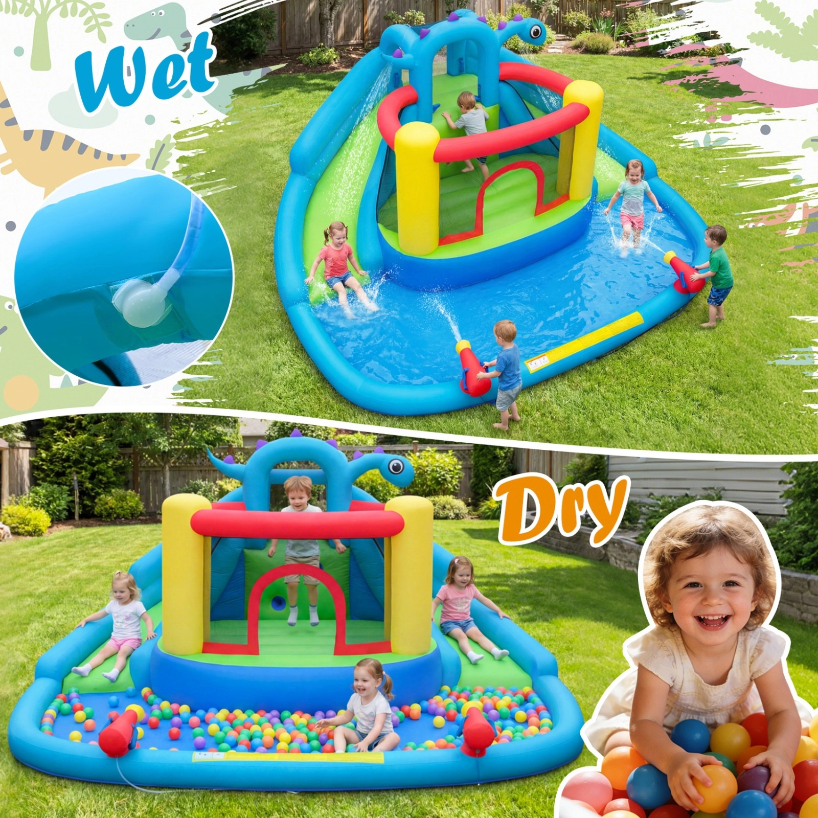 SUGIFT Dinosaur Themed Double Slides No Blower Kids Inflatable Water Slide Bounce House