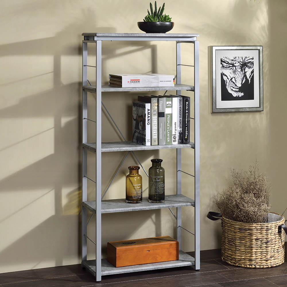 Flynama Single Piece Bookshelf Faux Concrete Silver Finish Wooden Storage Unit for Home