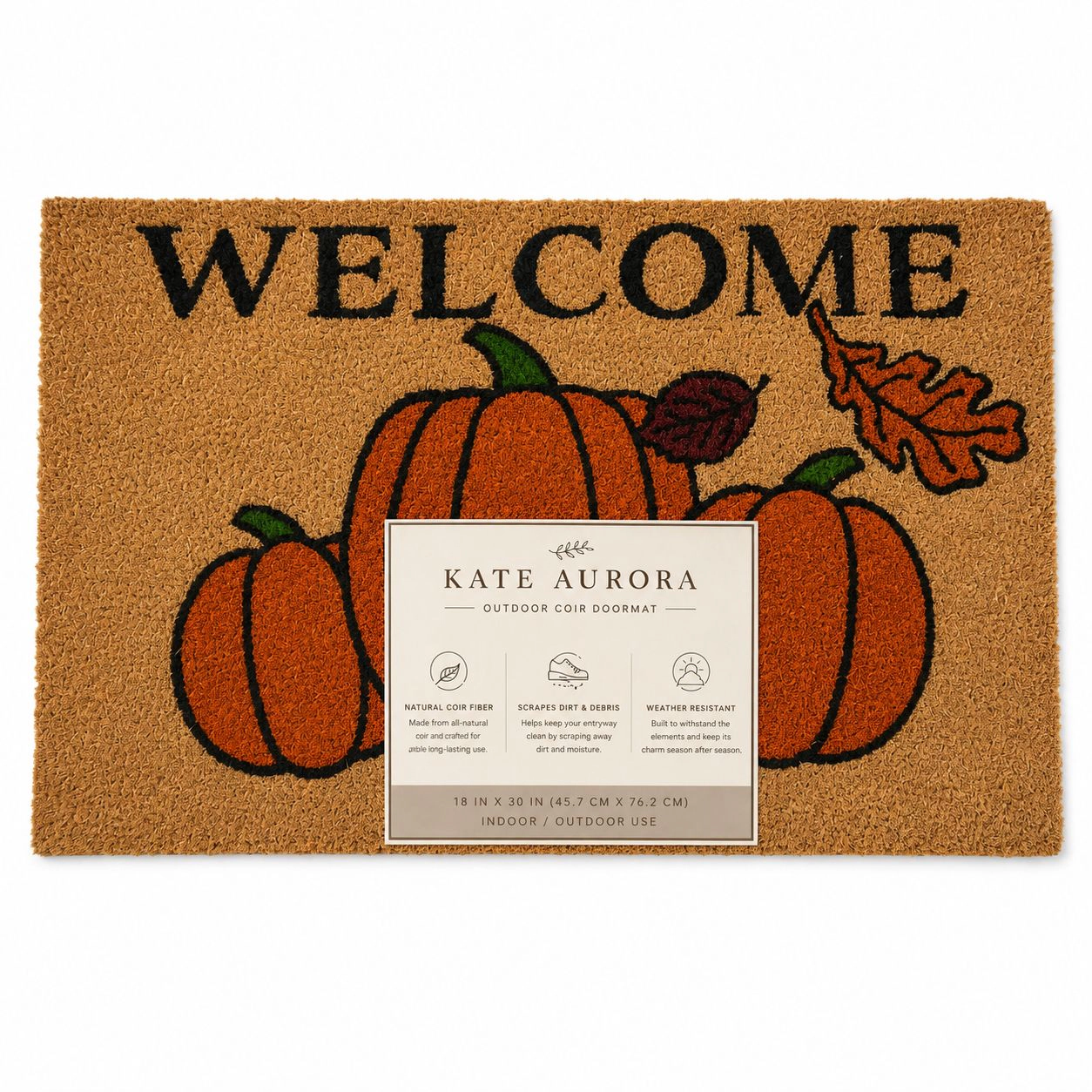 Kate Aurora Fall Autumn Foliage & Pumpkins Bristled Outdoor All Season Welcome Mat - 18"x30"