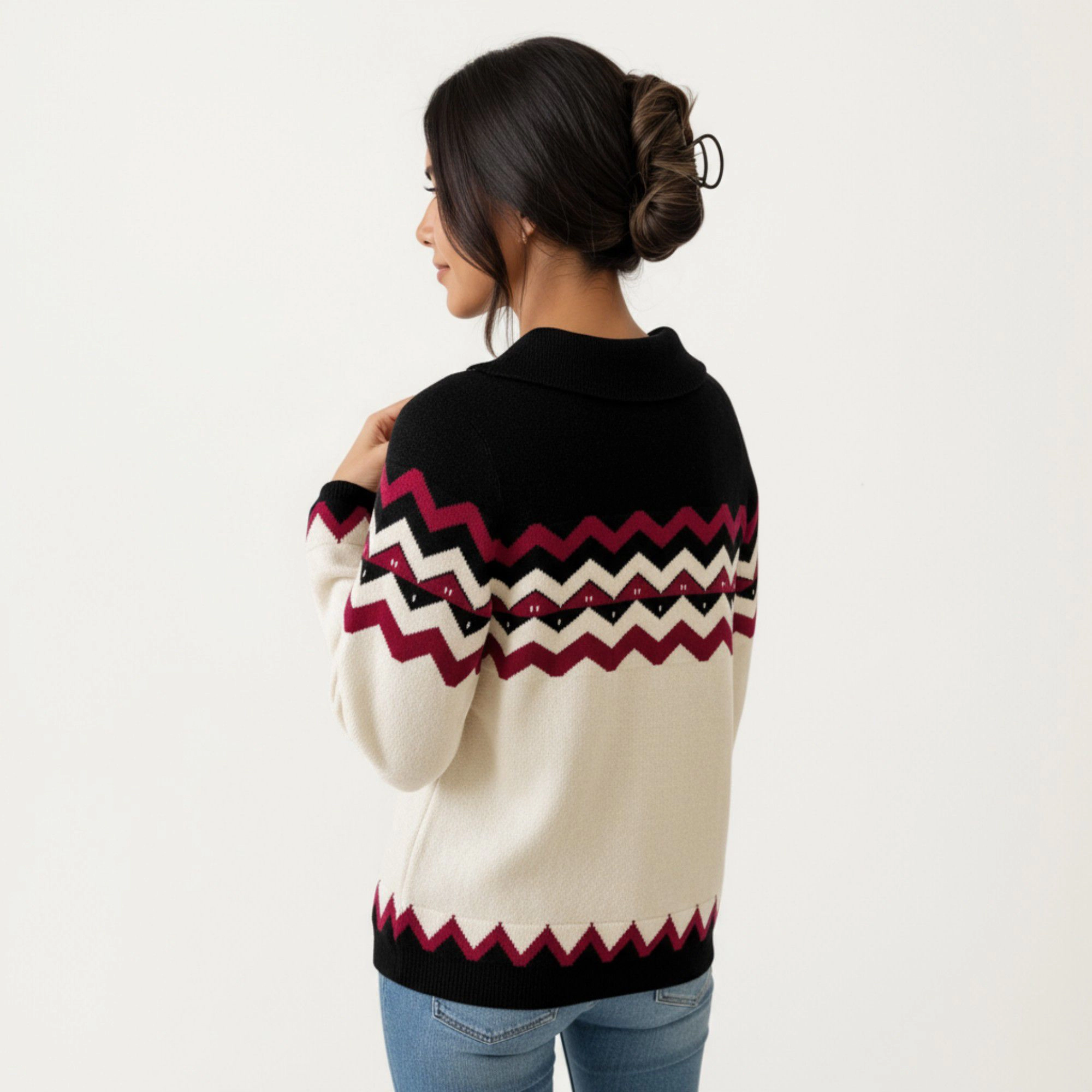 Anna-Kaci Women's Chevron Pattern Split Collar Ribbed Trim Long Sleeve Knit Sweater