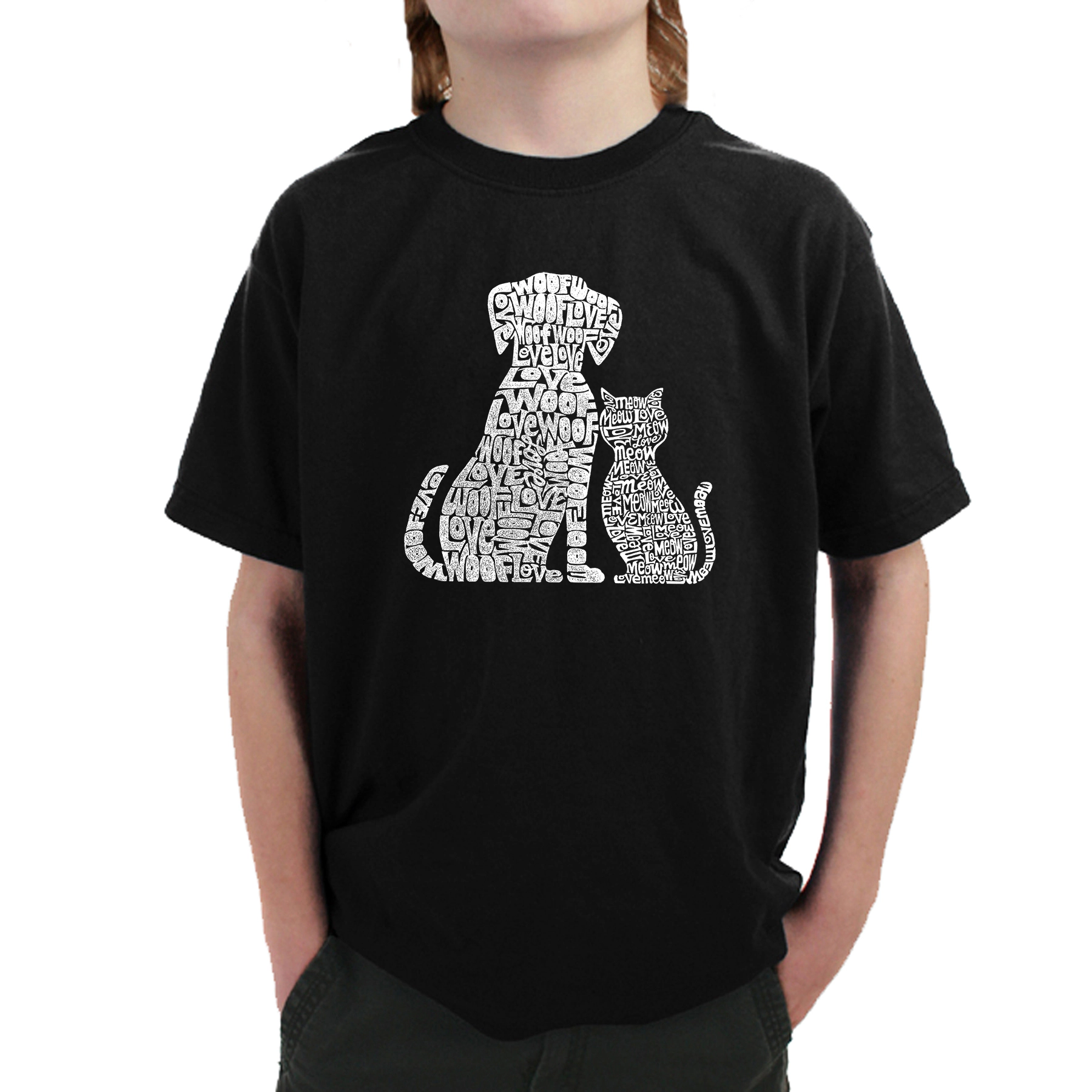 LA Pop Art Boy's Word T-Shirt - Dogs and Cats