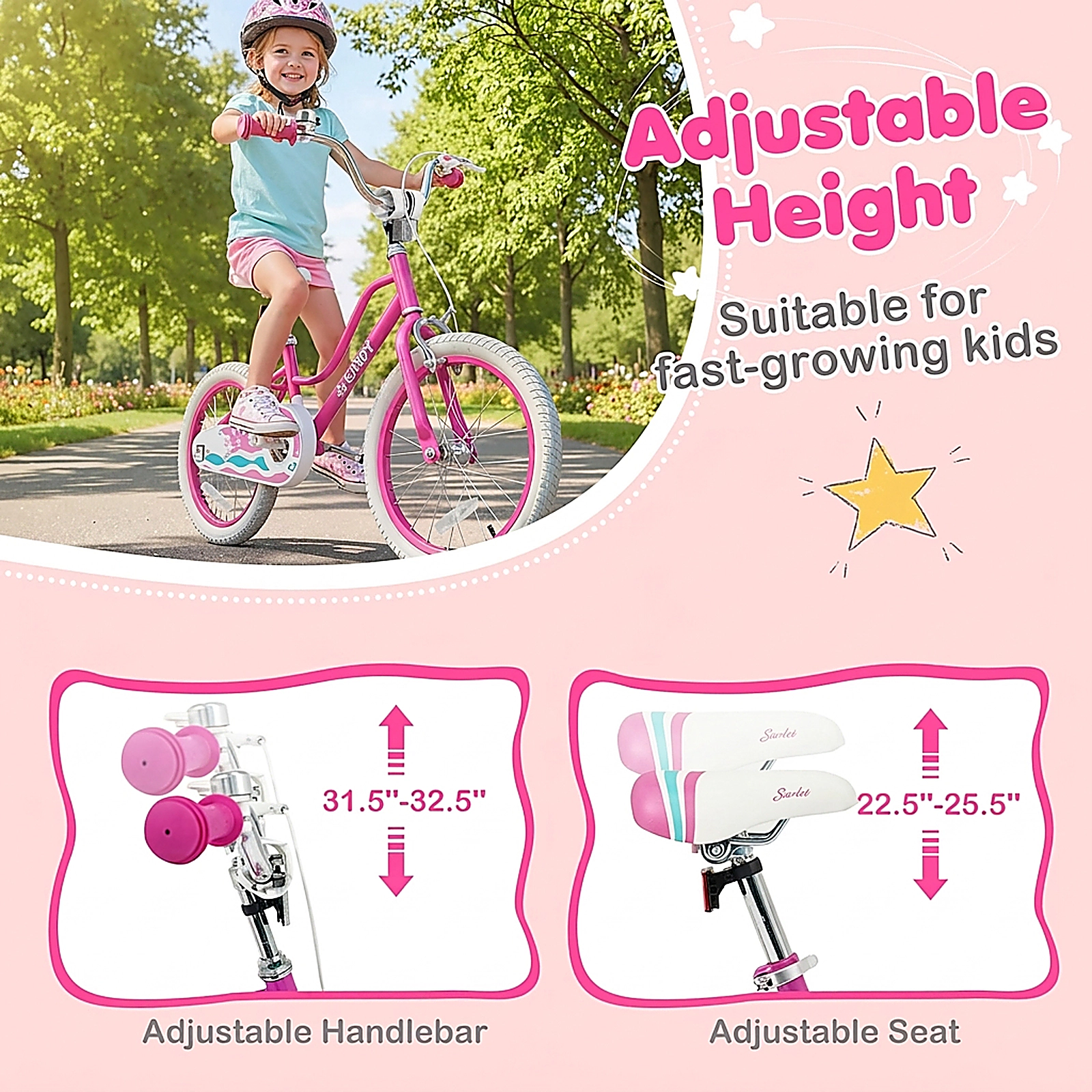SUGIFT Adjustable Kids Bicycle with Hand and Coaster Brakes 110-lb Seat Capacity Ages 4-7 Pink