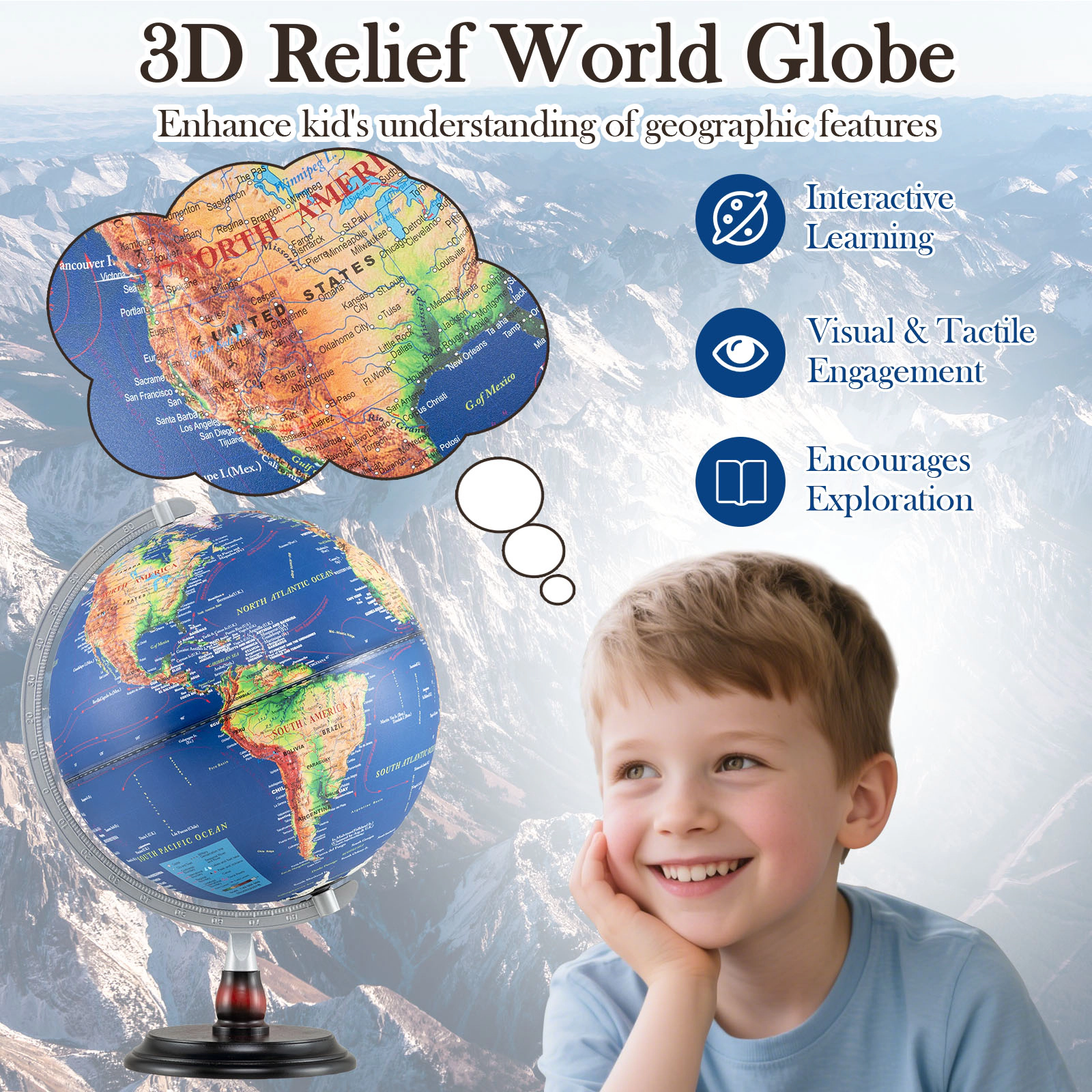 SUGIFT Kids Embossed LED Illuminated Time Dial Antique World Globe 12-in Diameter 12.5-in x 12.5-in x 17.5-in Navy