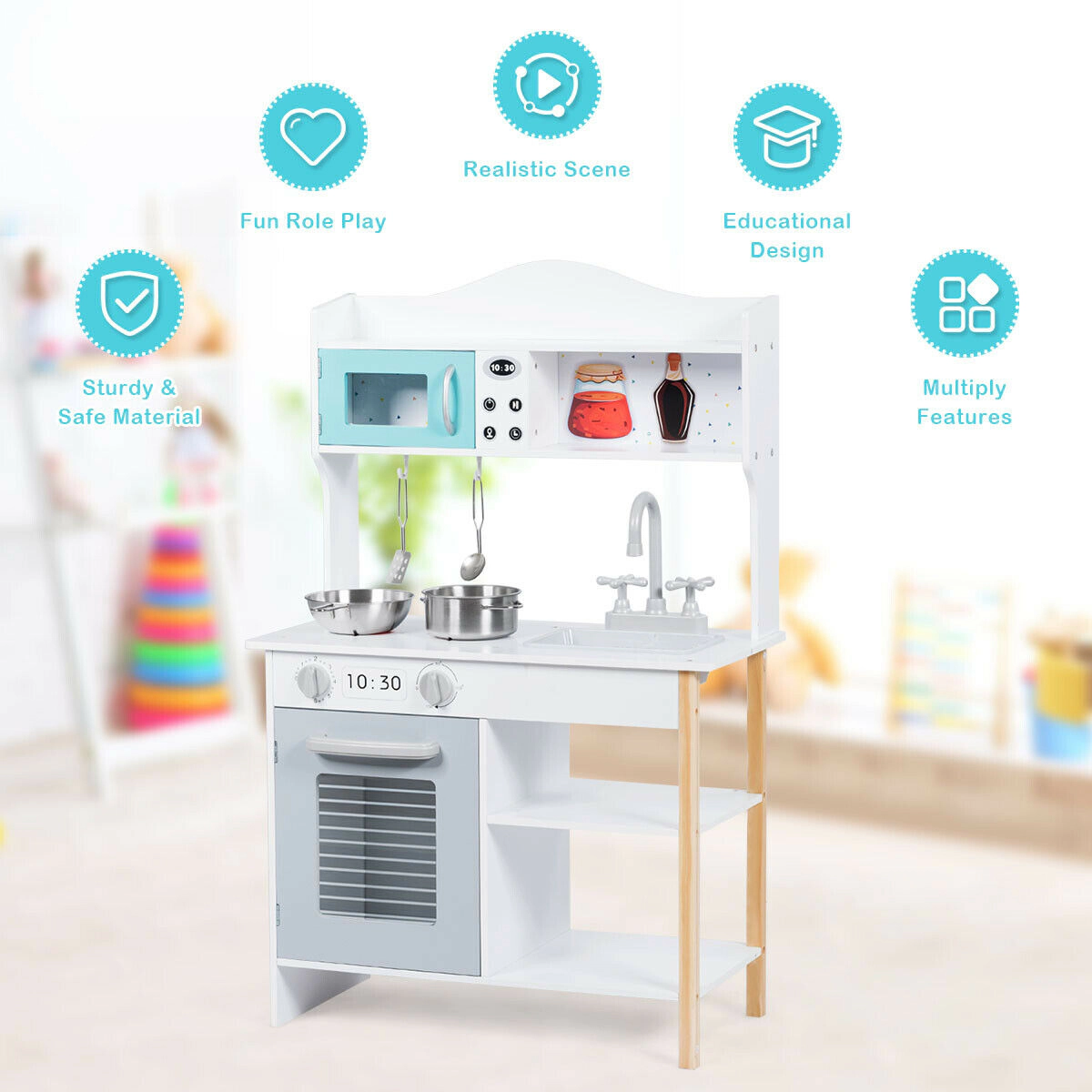 SUGIFT White Stove Sink and Storage Shelves Kids Wooden Play Kitchen Cookware Set
