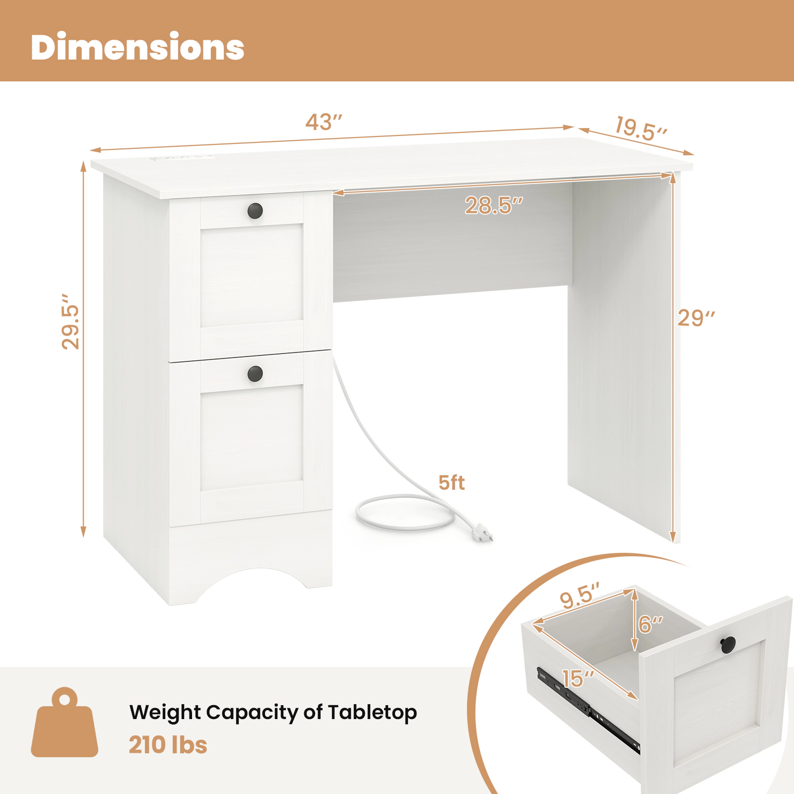 SUGIFT 43-Inch Modern White Computer Desk with 2 Drawers, Charging Station and Cable Hole