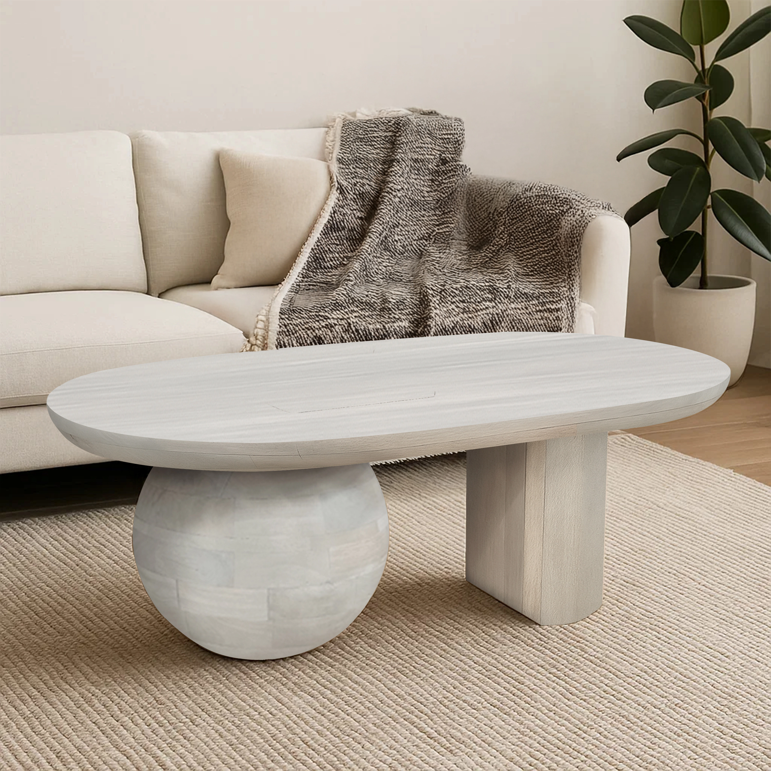 The Urban Port 38 Inch Coffee Table, Oblong Mango Wood Top with a Modern Ball Leg, Washed White