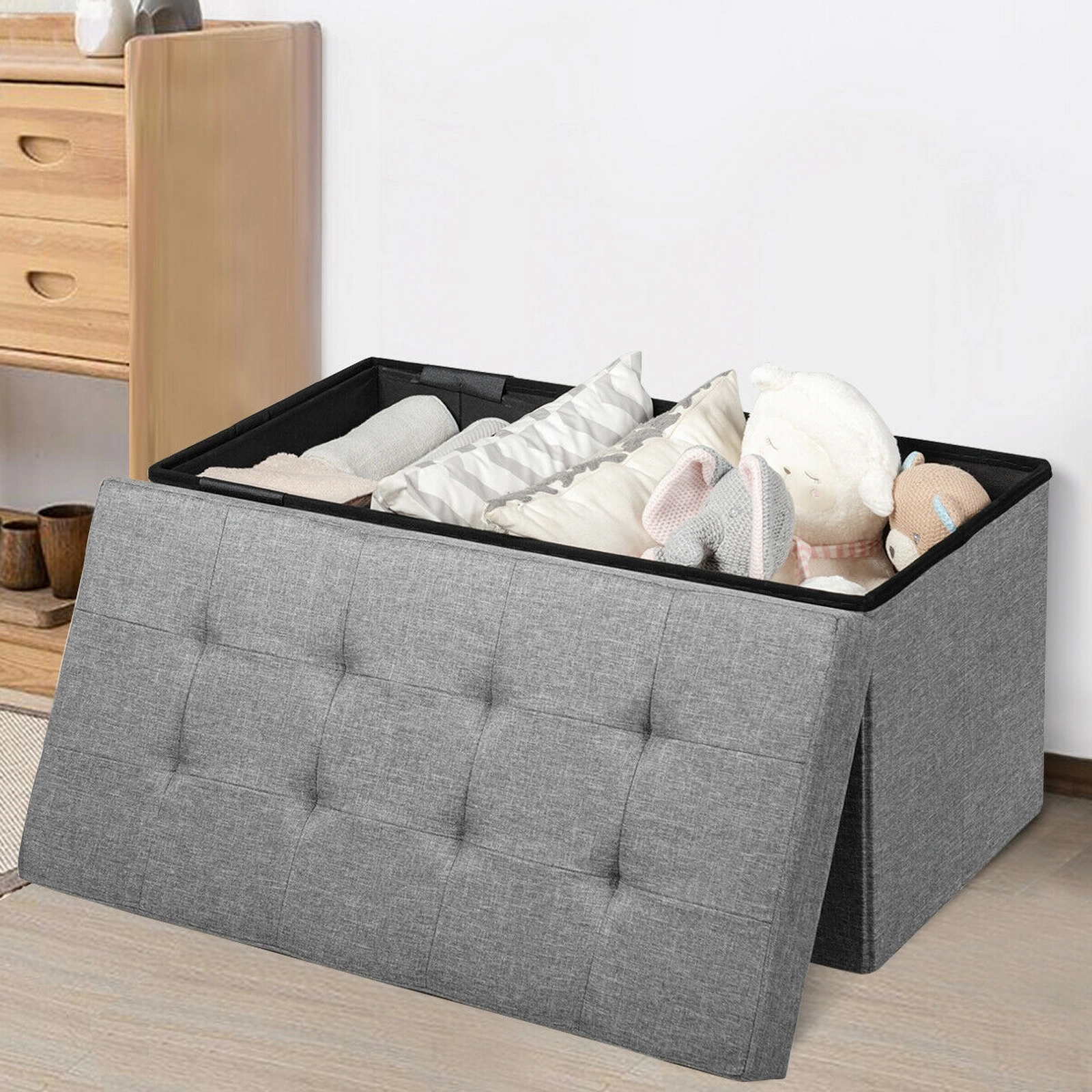 SUGIFT 31.5-Inch Dark Grey Folding Storage Ottoman Bench with Removable Bin