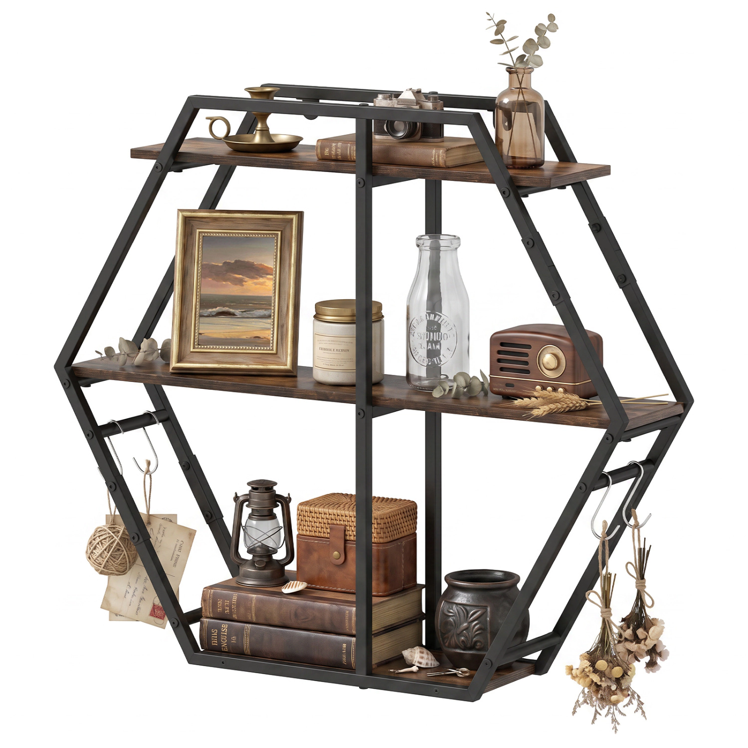LJG 3-Tier Geometric Bookcase with S-Shaped Hooks for Living Room