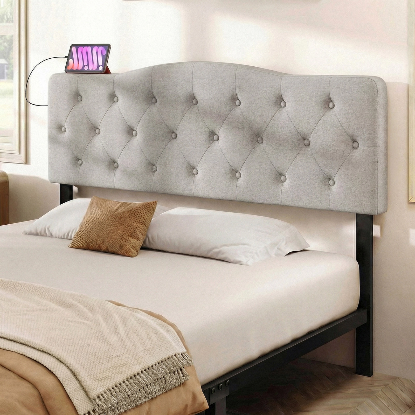 SUGIFT Tufted Upholstered Headboard Gray for Queen and Full Bed with 2 AC Outlets