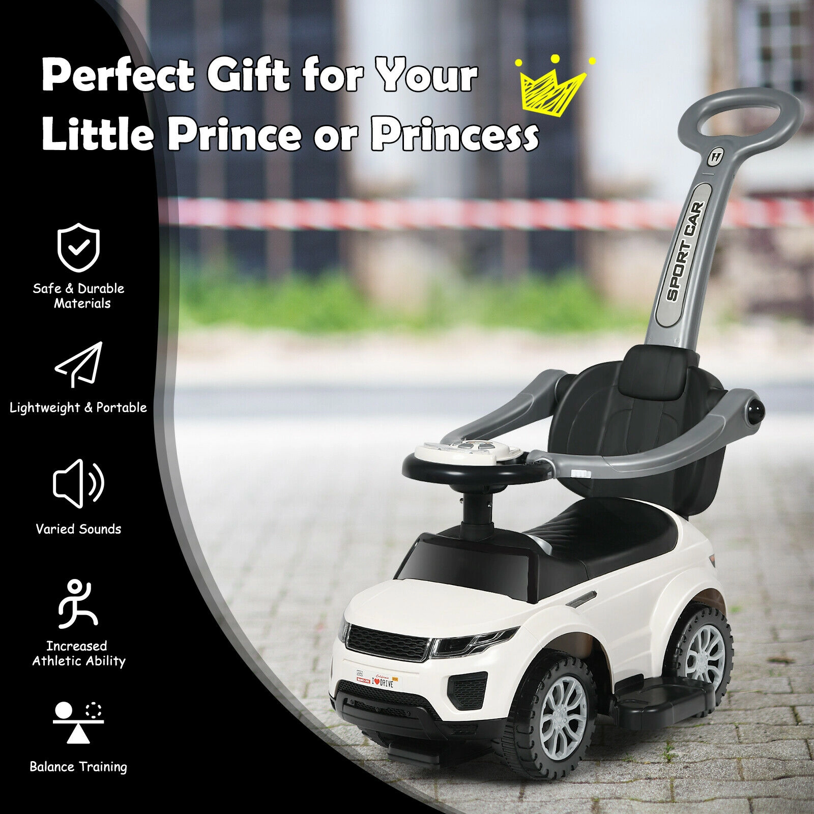 SUGIFT 3-in-1 Ride-On Push Car Toddler Stroller Sliding Car 35-in Frame 55-lb Capacity Ages 12-36 Months Black