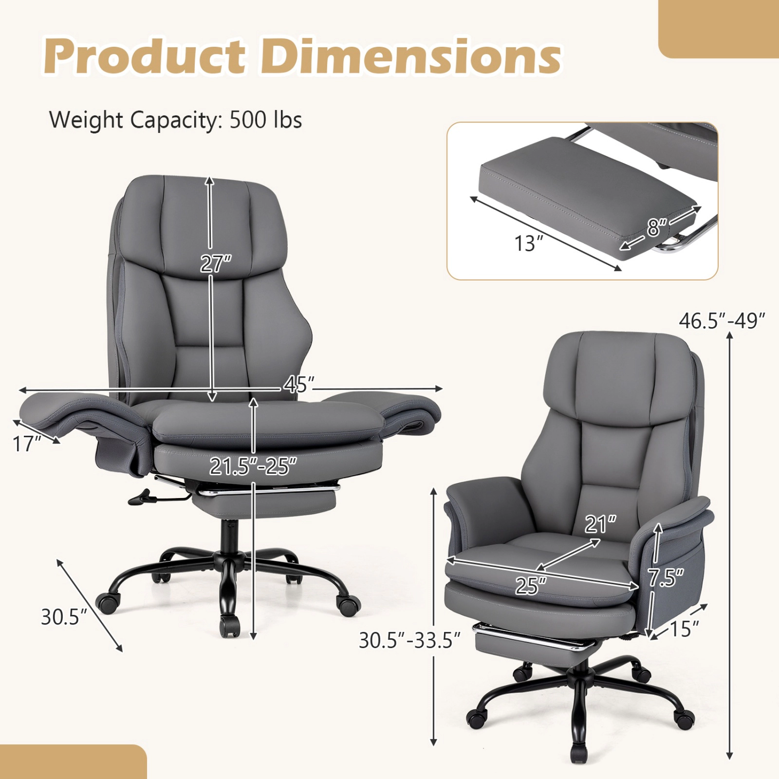 SUGIFT Ergonomic Cross Legged Executive Office Chair 500-lb Capacity with Retractable Footrest Gray