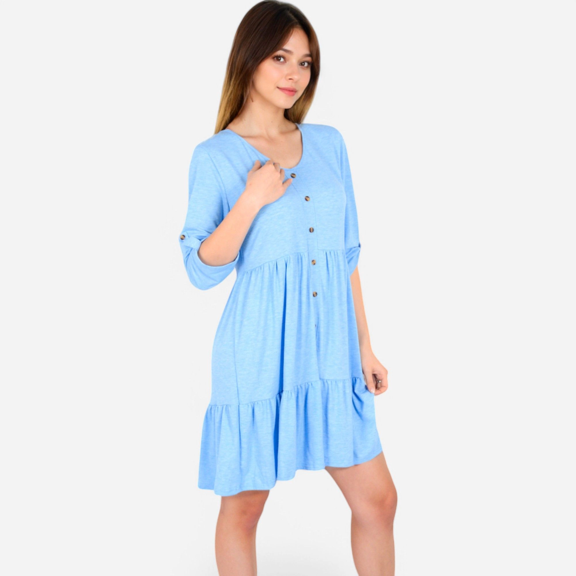 Anna-Kaci Women's V Neck Button Front Babydoll 3/4 Sleeve Tiered Ruffle Hem Dress