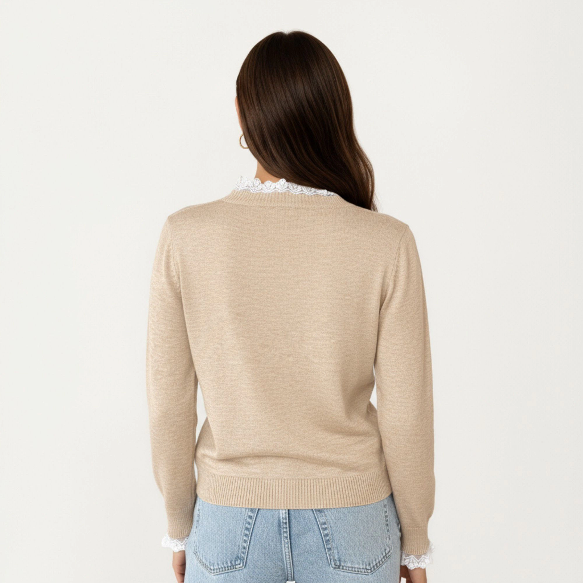 Anna-Kaci Women's Lace Trim Collar Button Front Long Sleeve Knit Top