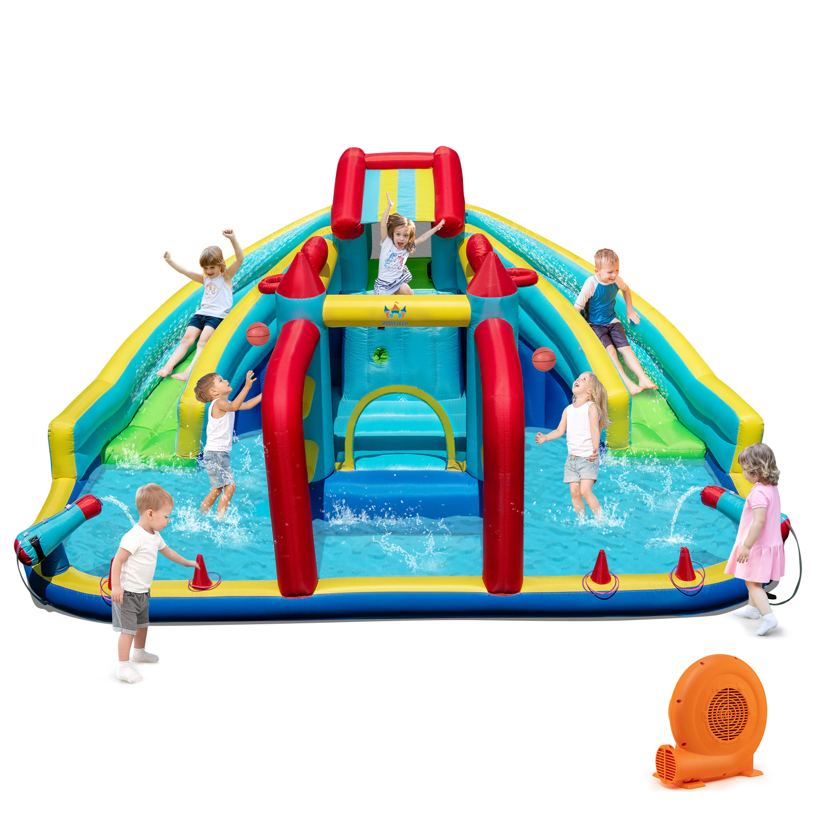 SUGIFT 4-Child 66-lb Capacity Inflatable Double Water Slide Park with Obstacle Course and 750W Blower