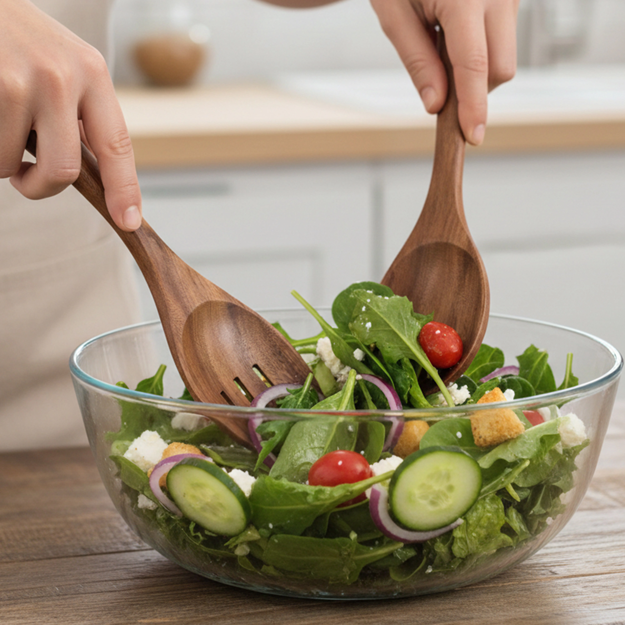 Cheer Collection Teak Wood Serving Spoon and Fork Set for Salads and More