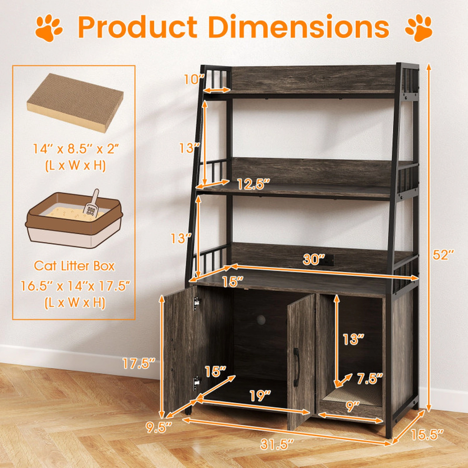 SUGIFT Gray Cat Litter Box Enclosure with 2 Open Shelves 31.5-in W 15.5-in D 52-in H 88-lb Cabinet Capacity