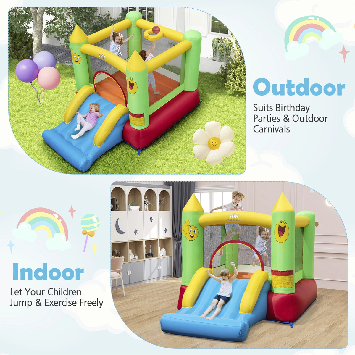 SUGIFT Slide Basketball Hoop and 480W Blower Inflatable Bounce House Kids Bouncer