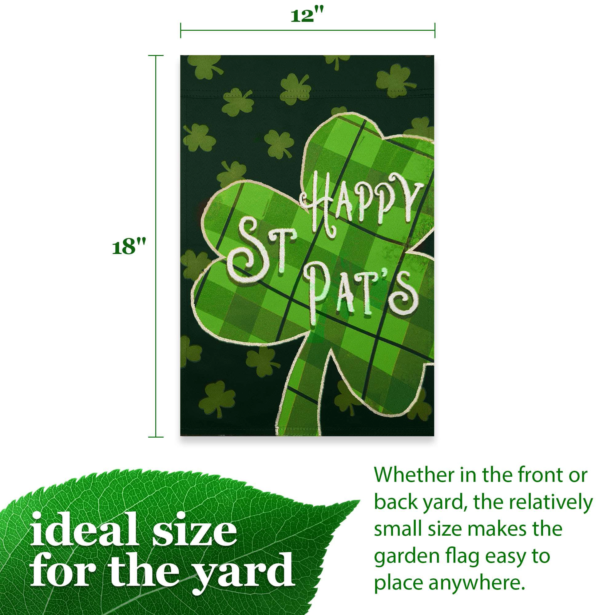 G128 12x18 in Double-Sided Plaid Shamrock Garden Flag - St. Patrick's Day Outdoor Decoration
