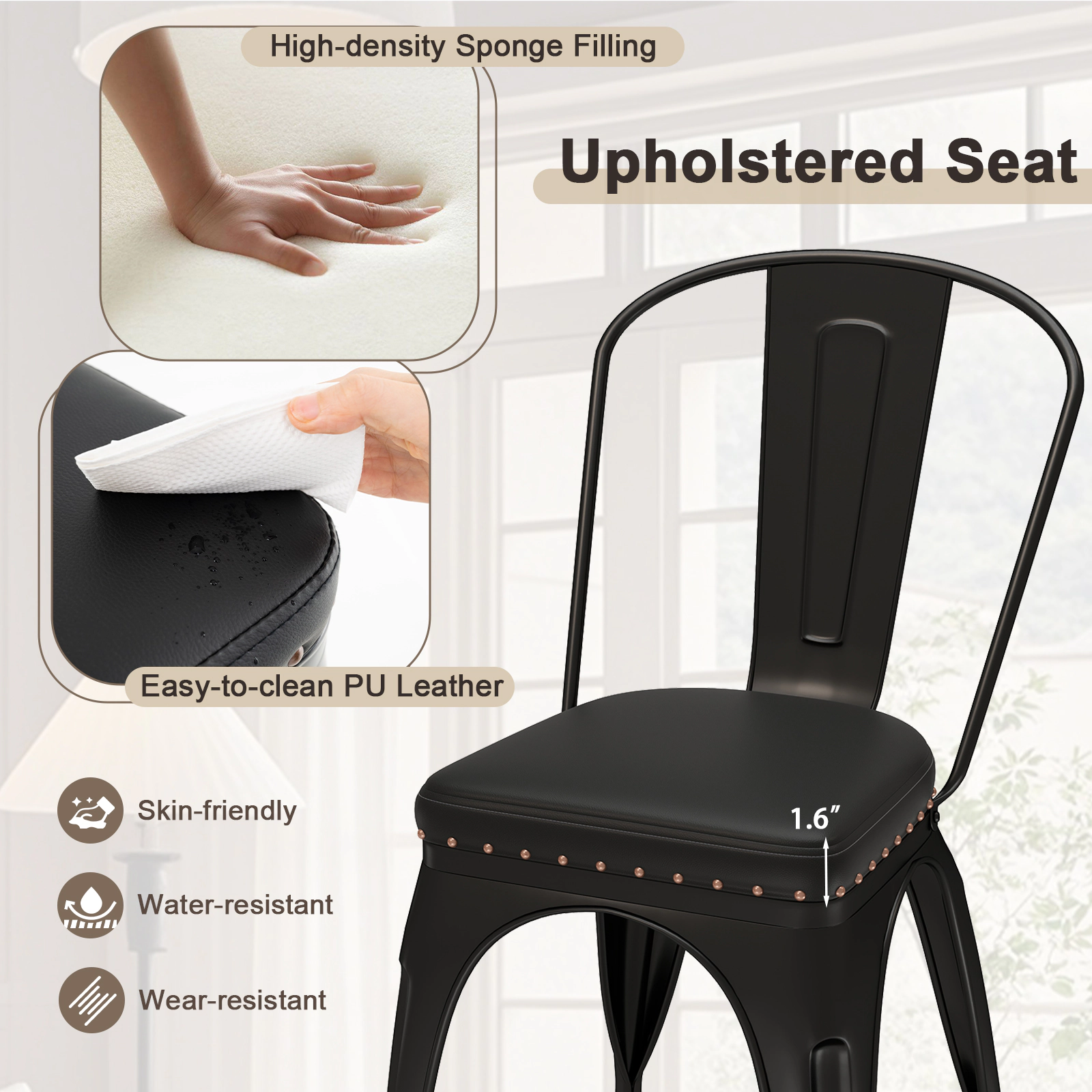 SUGIFT Stackable Metal Dining Chair Set of 4 with Removable Back and PU Leather Cushioned Seat 330-Lb Capacity Black