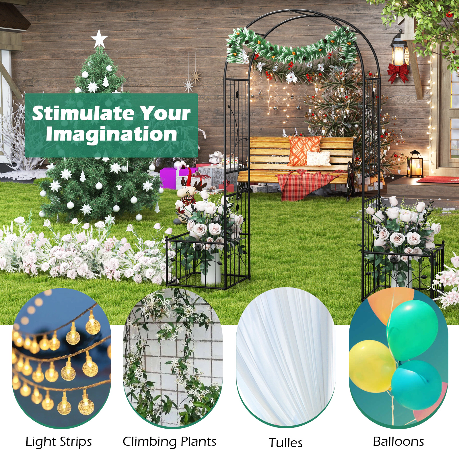 SUGIFT 2-in-1 Metal Garden Arbor with Side Planters and 8 Ground Stakes 86-in Tall Black