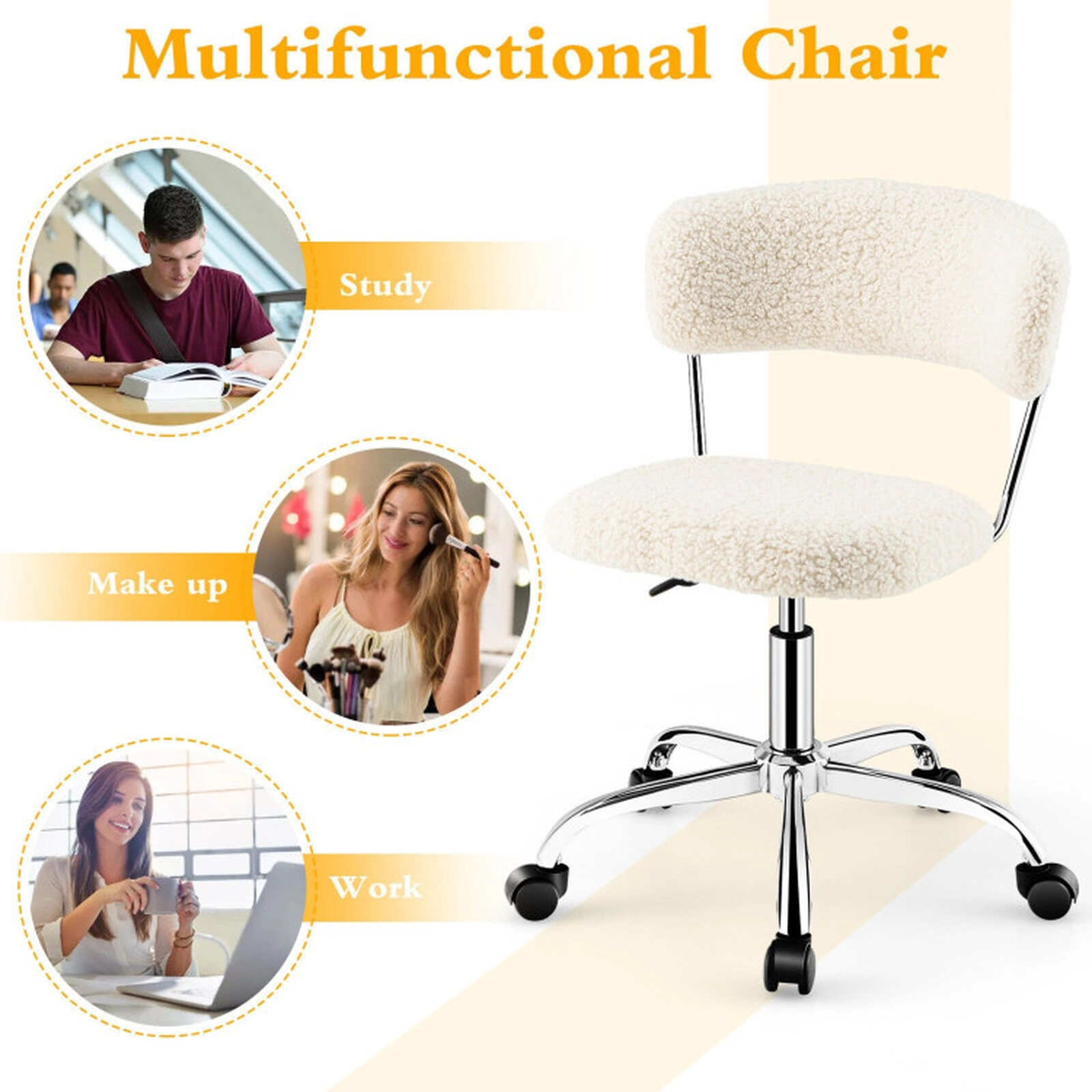 SUGIFT Armless Sherpa Vanity Desk Chair with Padded Swivel Seat and Casters 330-lb Chair Capacity White