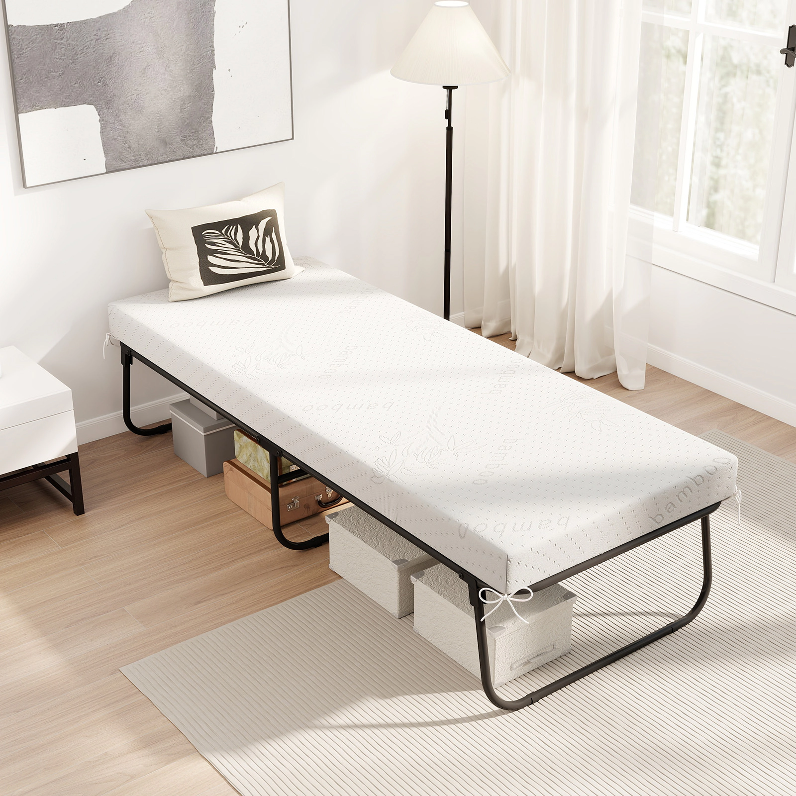 SUGIFT 75 in Folding Cot Bed with 4 in Gel Memory Foam Mattress, Mesh Spring Deck, 480 lb Capacity, Black