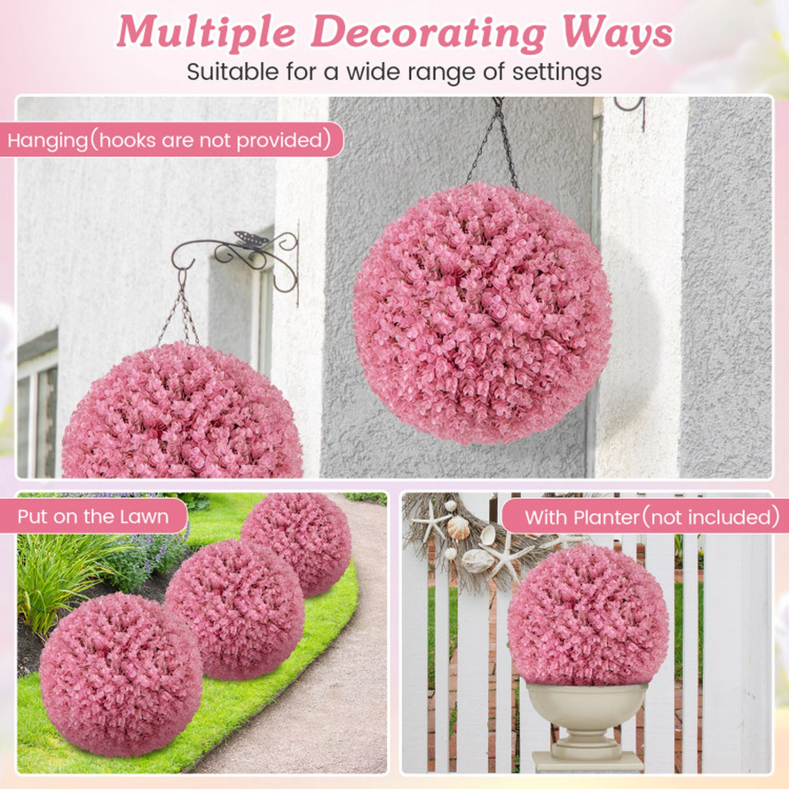 SUGIFT Faux Eucalyptus Decorative Ball Artificial Plant 17.5-in Outer Diameter Pink/Purple