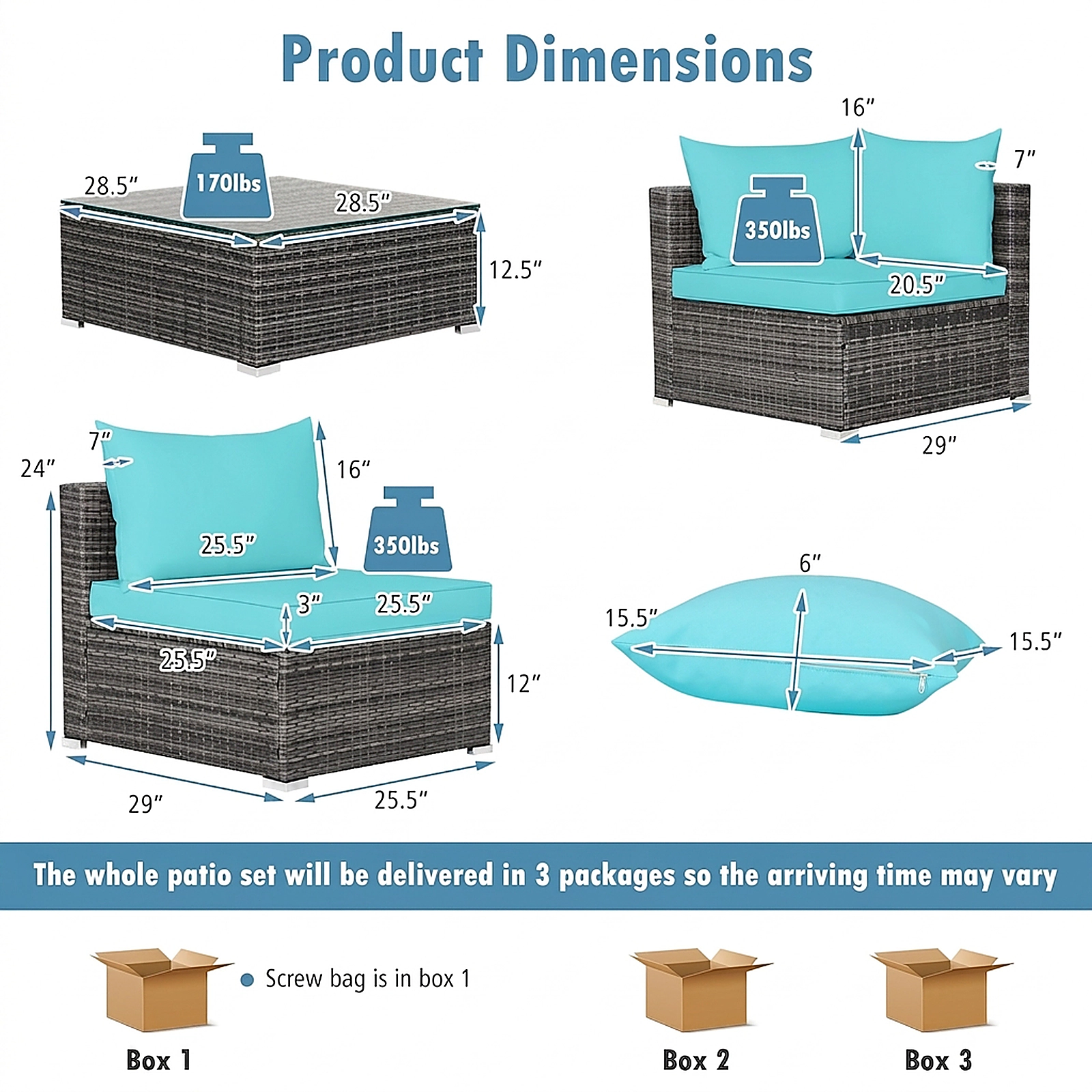 SUGIFT 7-Piece Turquoise Wicker Patio Sectional Set, 4 Armless Sofas, 2 Corner Sofas, Cushions