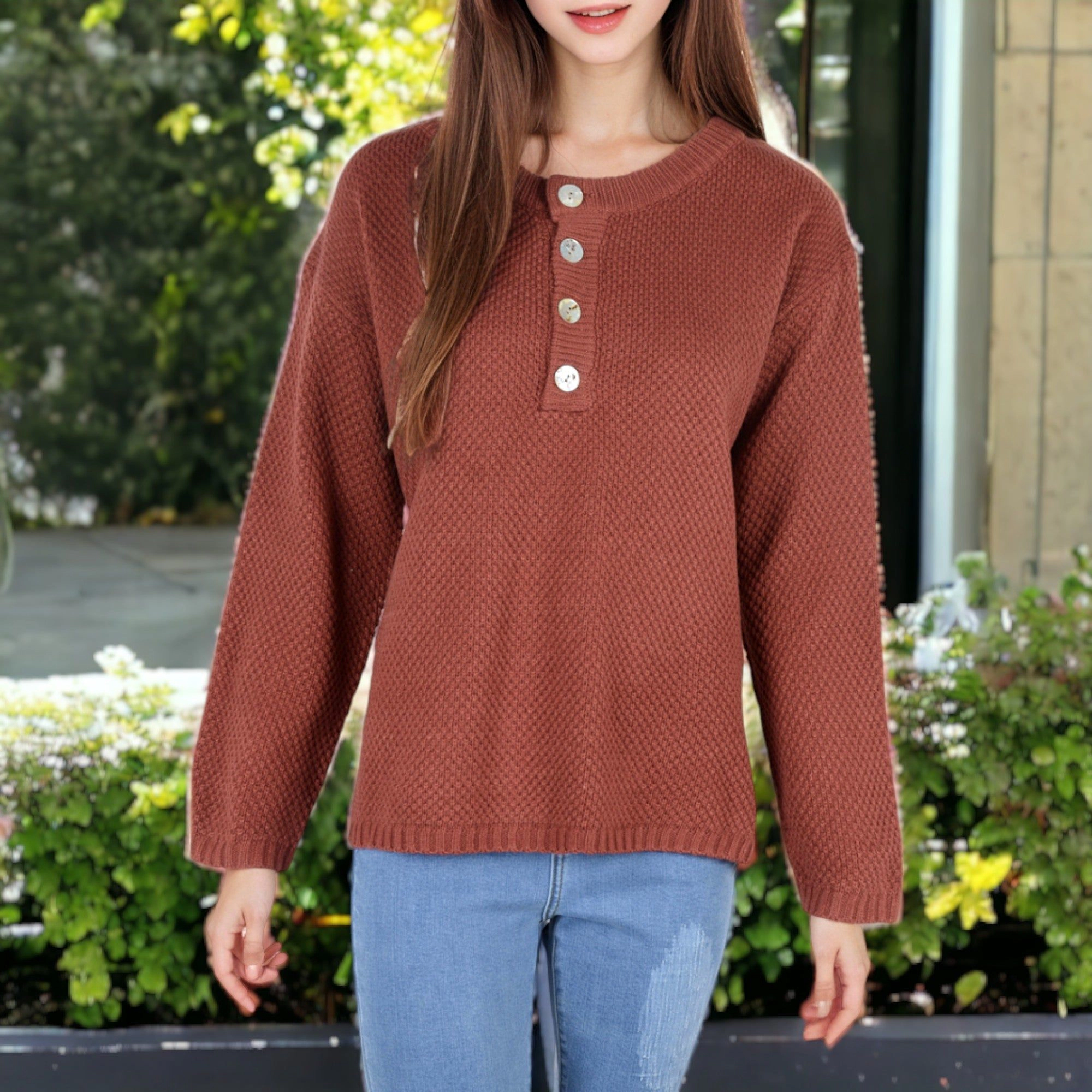 Anna-Kaci Women's Contrast Half Button Henley Down Textured Sweater
