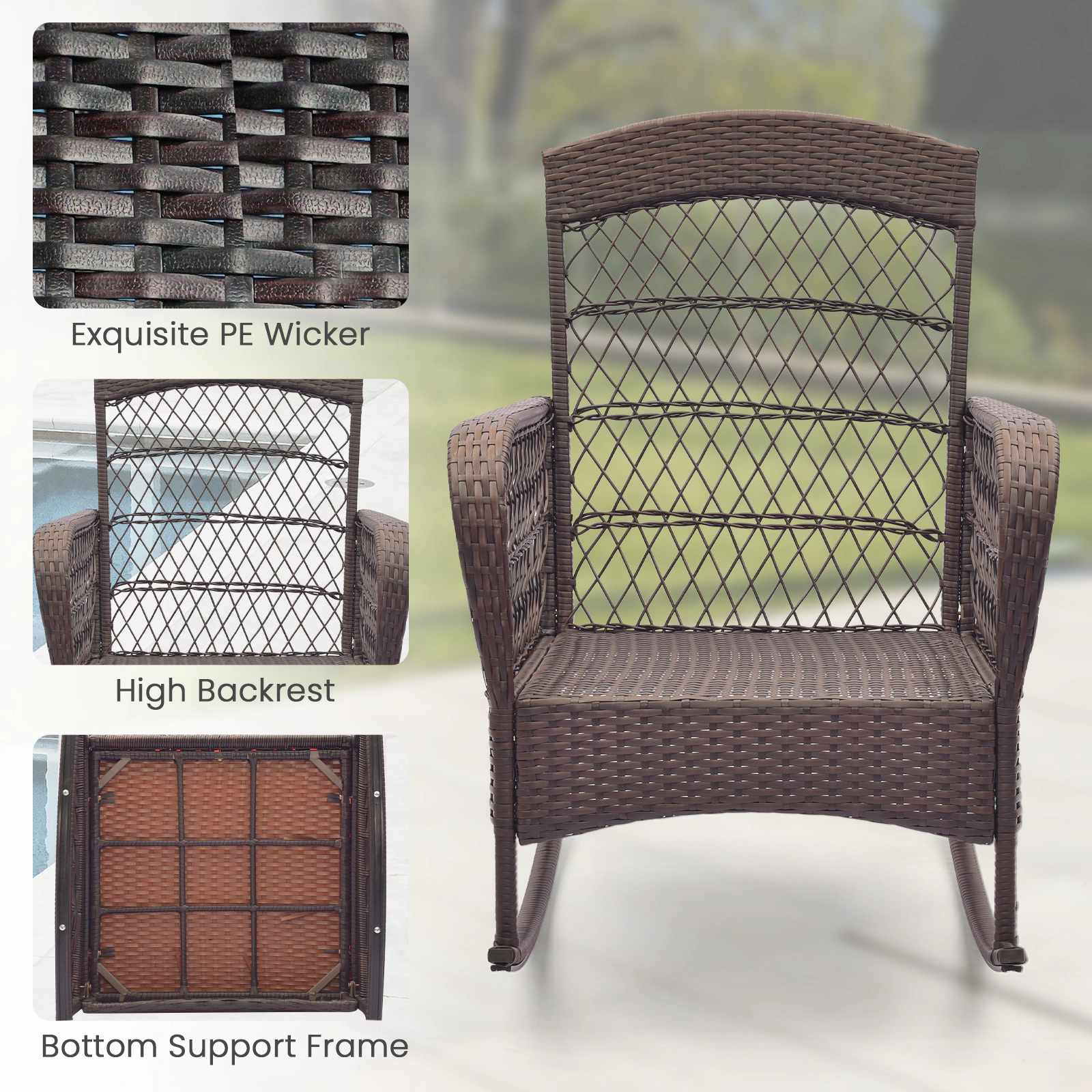 SUGIFT 3-Piece Rocking Conversation Bistro Set 2-Tier Coffee Table 440-lb Rocker Capacity Mix Brown Rattan Gray Cushions