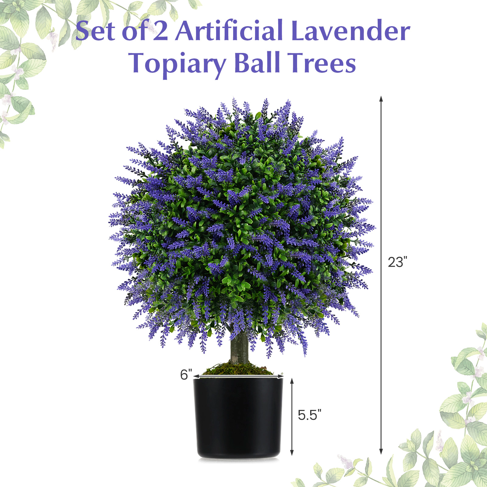 SlickBlue 2 Pieces Artificial Lavender Topiary Ball Trees with Purple Flowers for Indoor and Outdoor