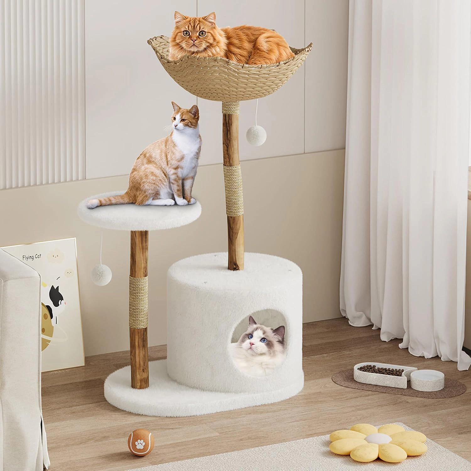 43-Inch Wood-Rattan Cat Tree Tower, Multi-Level Indoor Cat Condo Perch Without Tree Branch