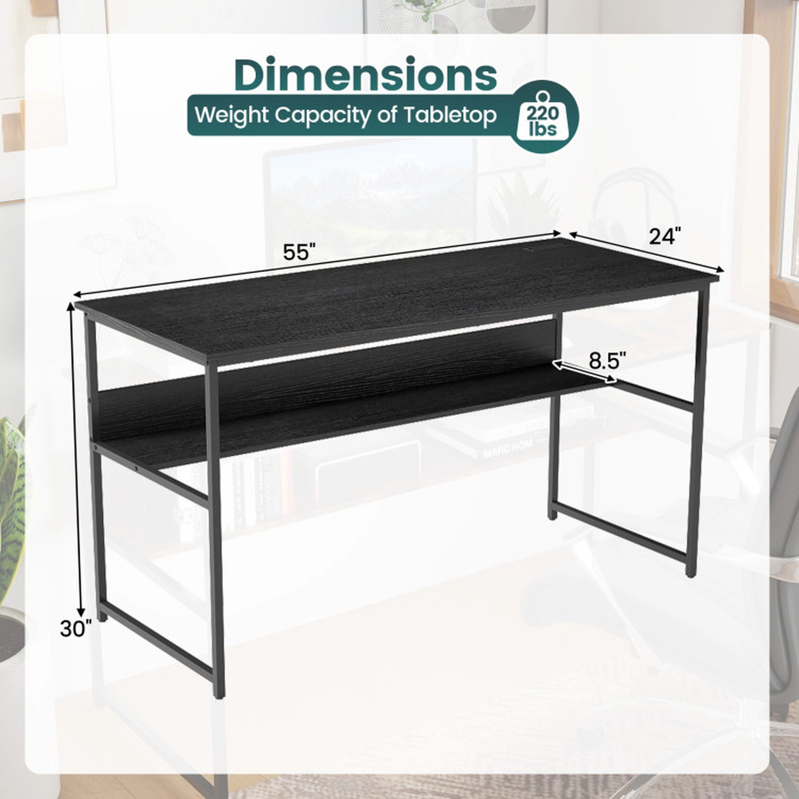 SUGIFT 55 x 24-in Computer Desk with Power Outlets and USB Ports 220-lb Tabletop Capacity with Shelf Rustic Brown/Black