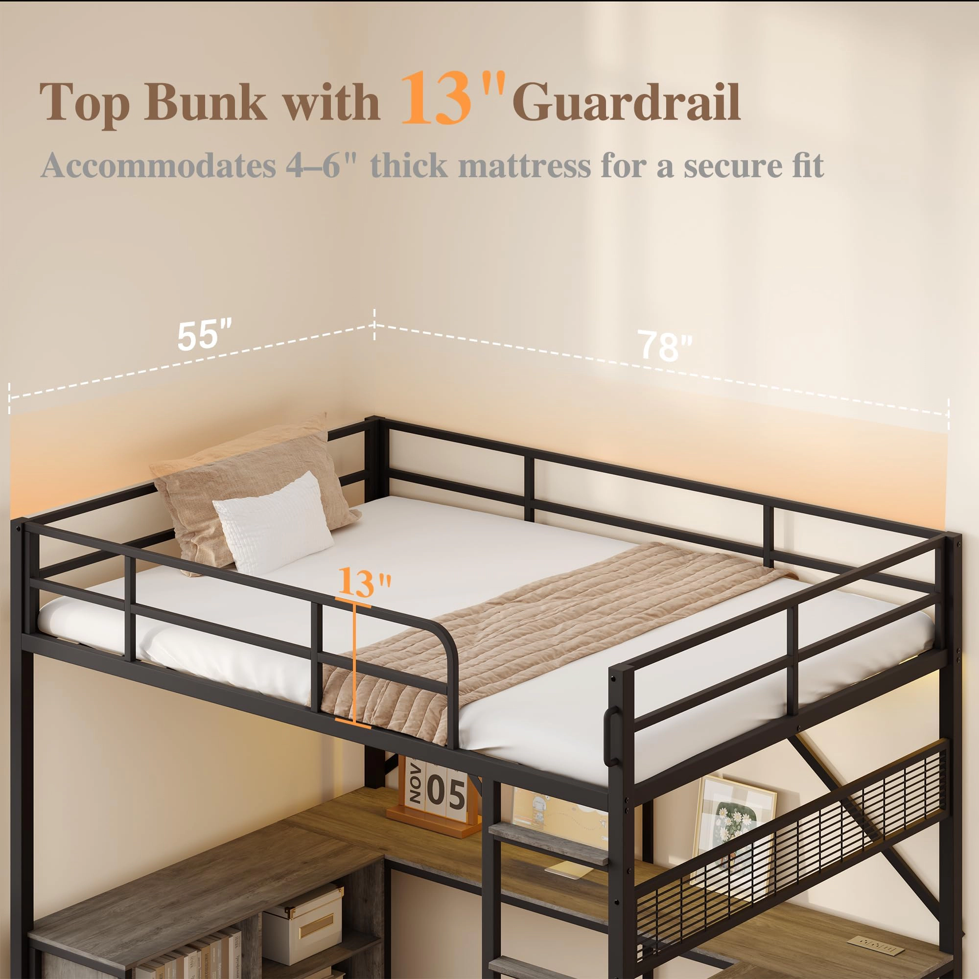 Full Loft Bed with U-Shaped Desk, Storage Cubbies, LED Light, Power Outlet & Heavy Duty Metal Frame