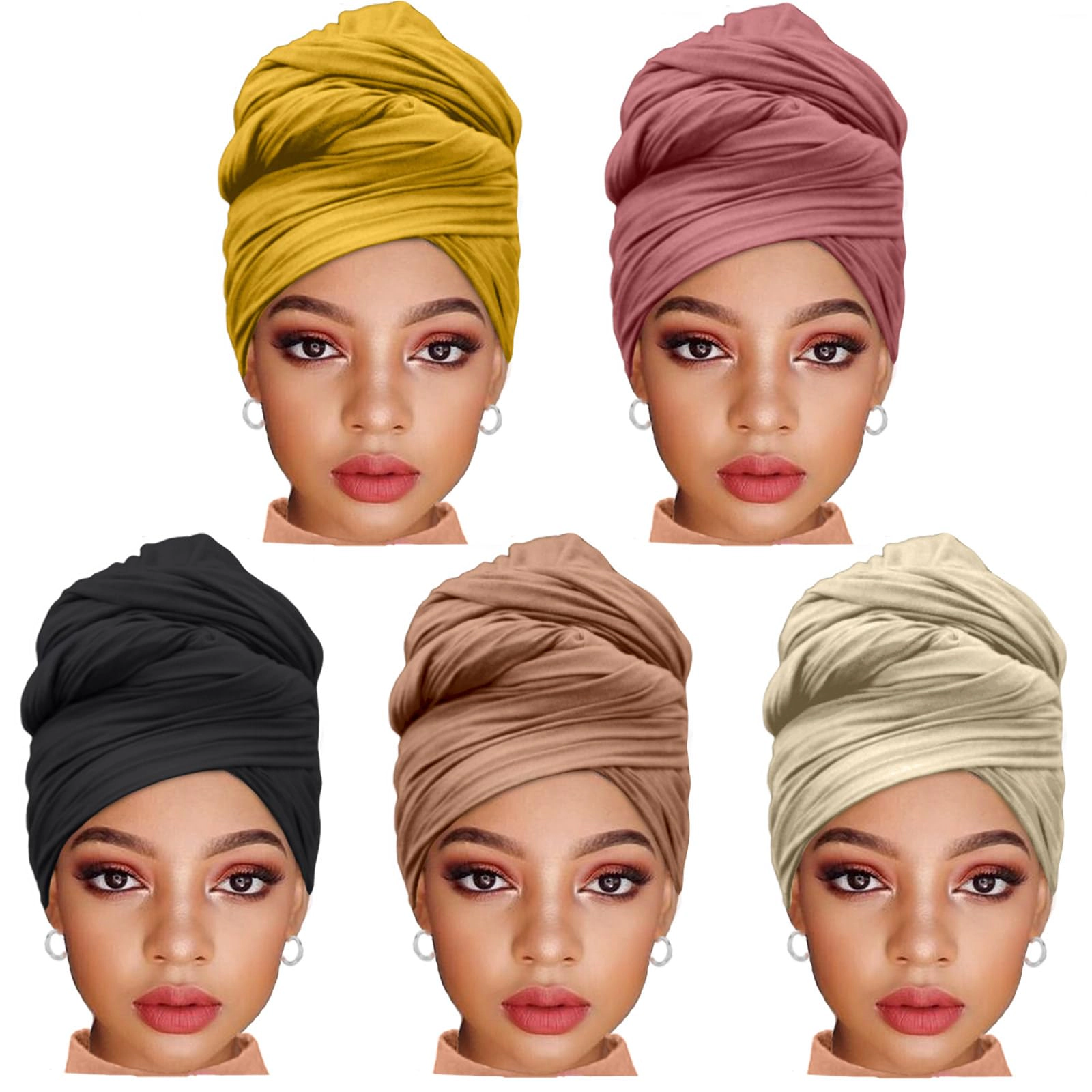 5 Pcs Stretch Turban Headwraps for Women, Soft Breathable Hijab Hair Scarf Tie for Locs & Braids, Fashion Headband