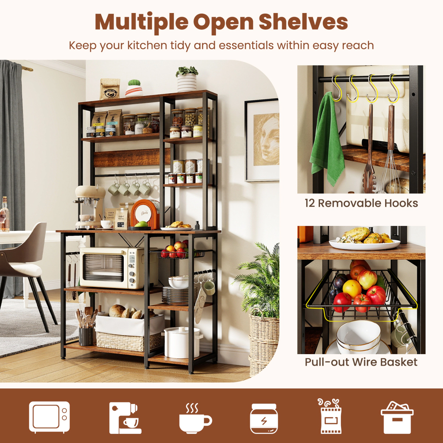SUGIFT 6-Tier Wooden Bakers Rack Microwave Stand with Power Outlet USB Ports and 12 Hanging Hooks
