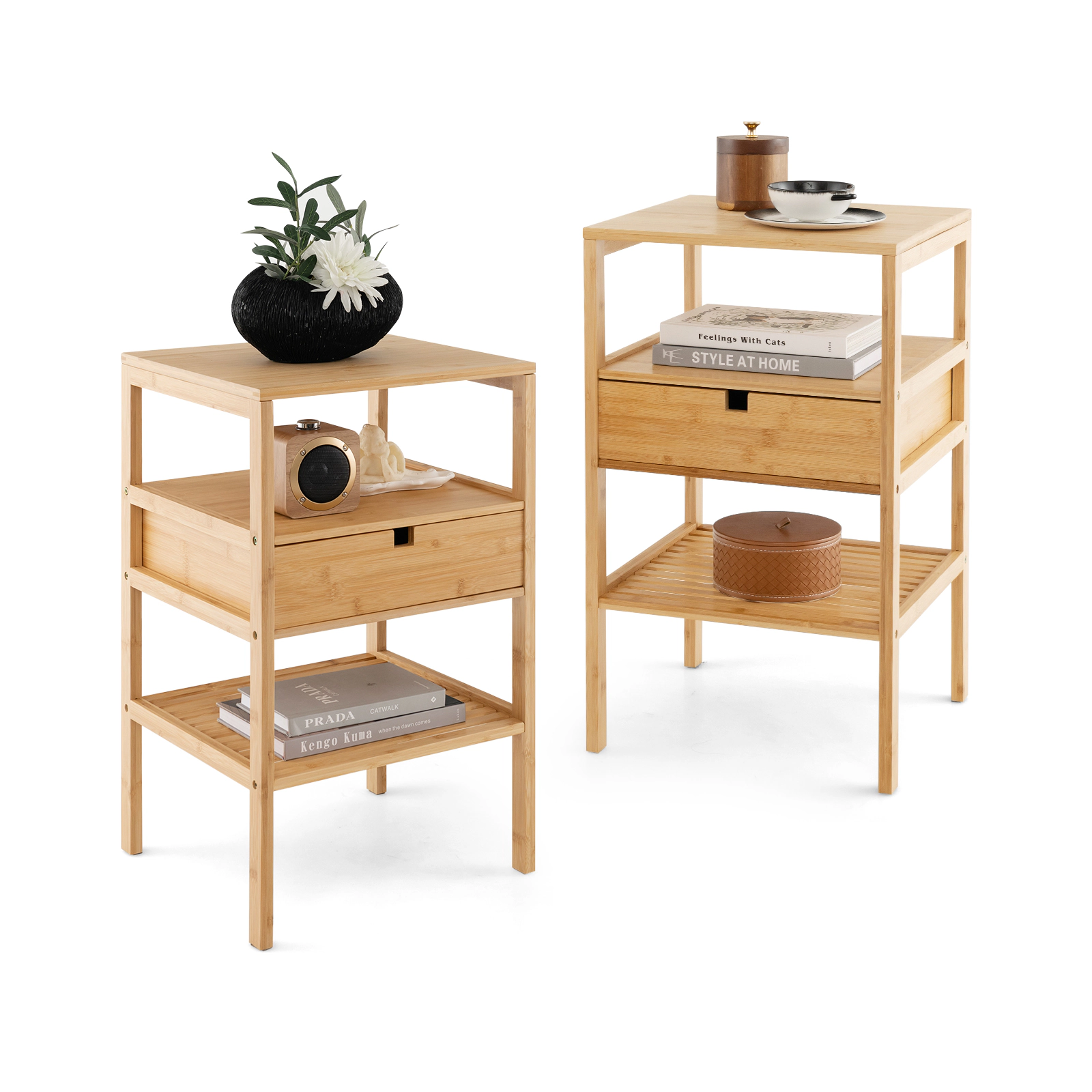 Glintex 2-Piece Bamboo Nightstand Set with 2 Slatted Shelves and Privacy Drawer, Natural