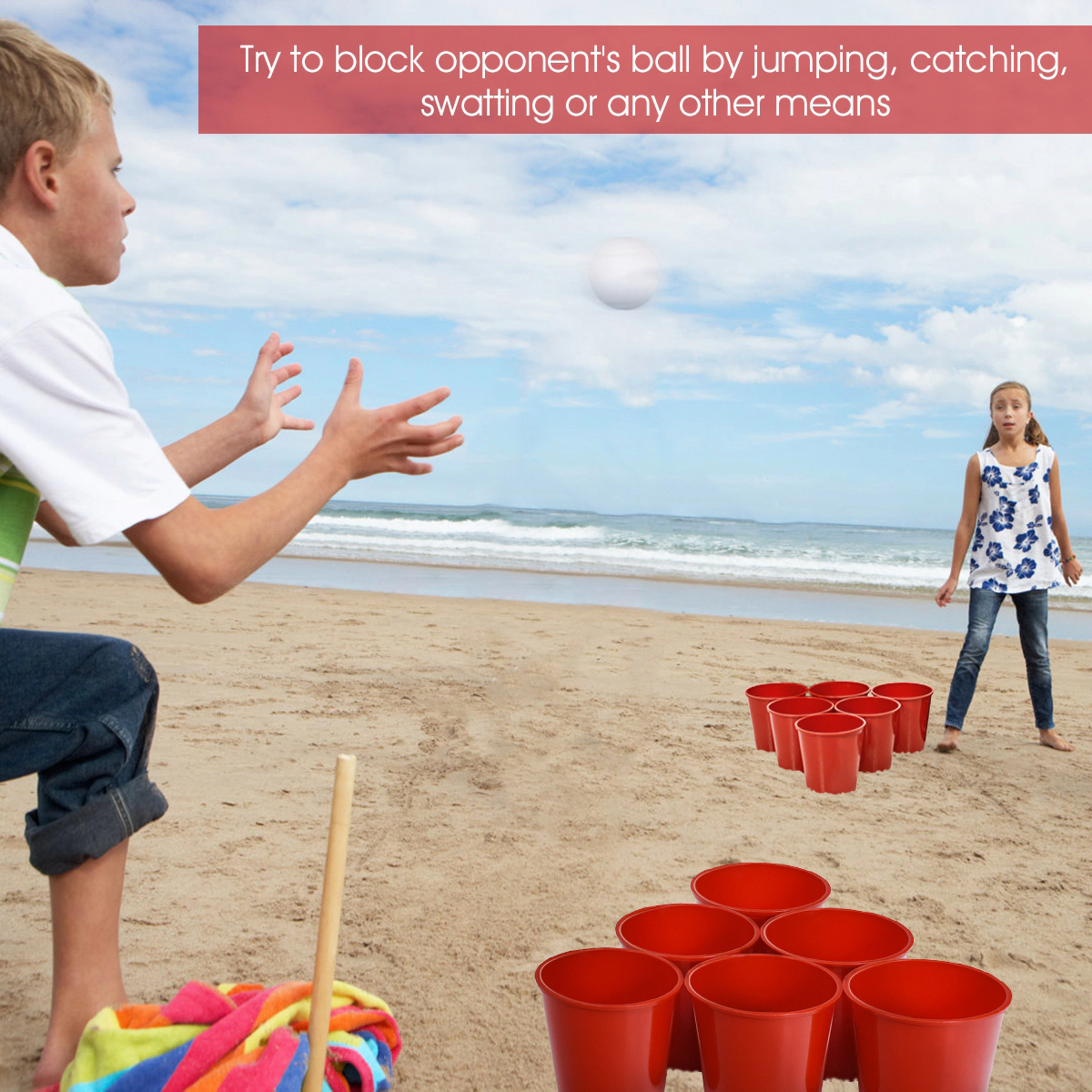 SUGIFT Giant Yard Pong Game Set with 12 Ultra-Durable 7.5-in PP Buckets 2 PVC Balls and Carry Bag