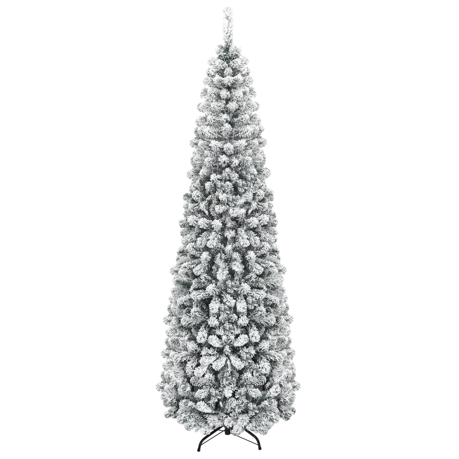 LJG 7.5 Feet Unlit Hinged Snow Flocked Artificial Pencil Christmas Tree with 641 Tips