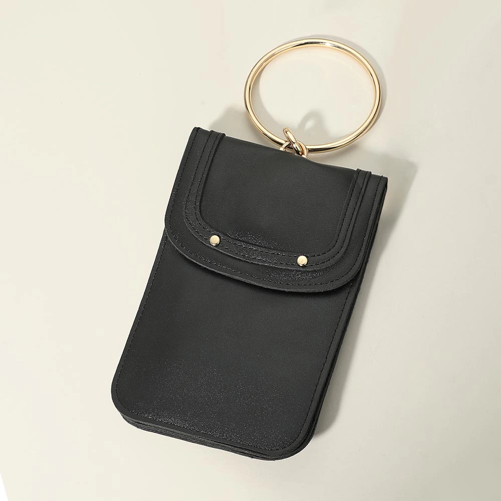 FASHNZFAB Metal Ring Handle Faux Leather Mini Phone Pouch Clutch Bag / Crossbody Bag