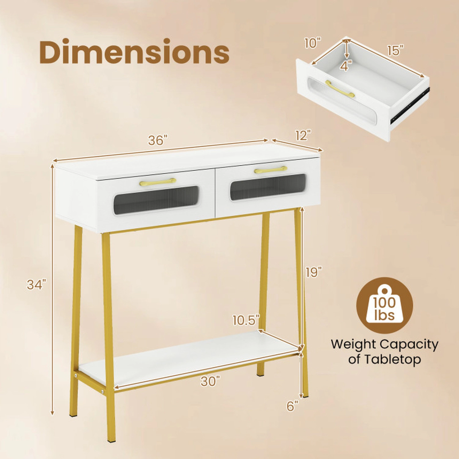 SUGIFT LED Console Table with Remote Control and Open Shelf 100-lb Tabletop Capacity 2-Drawer 36-in Wide White & Gold