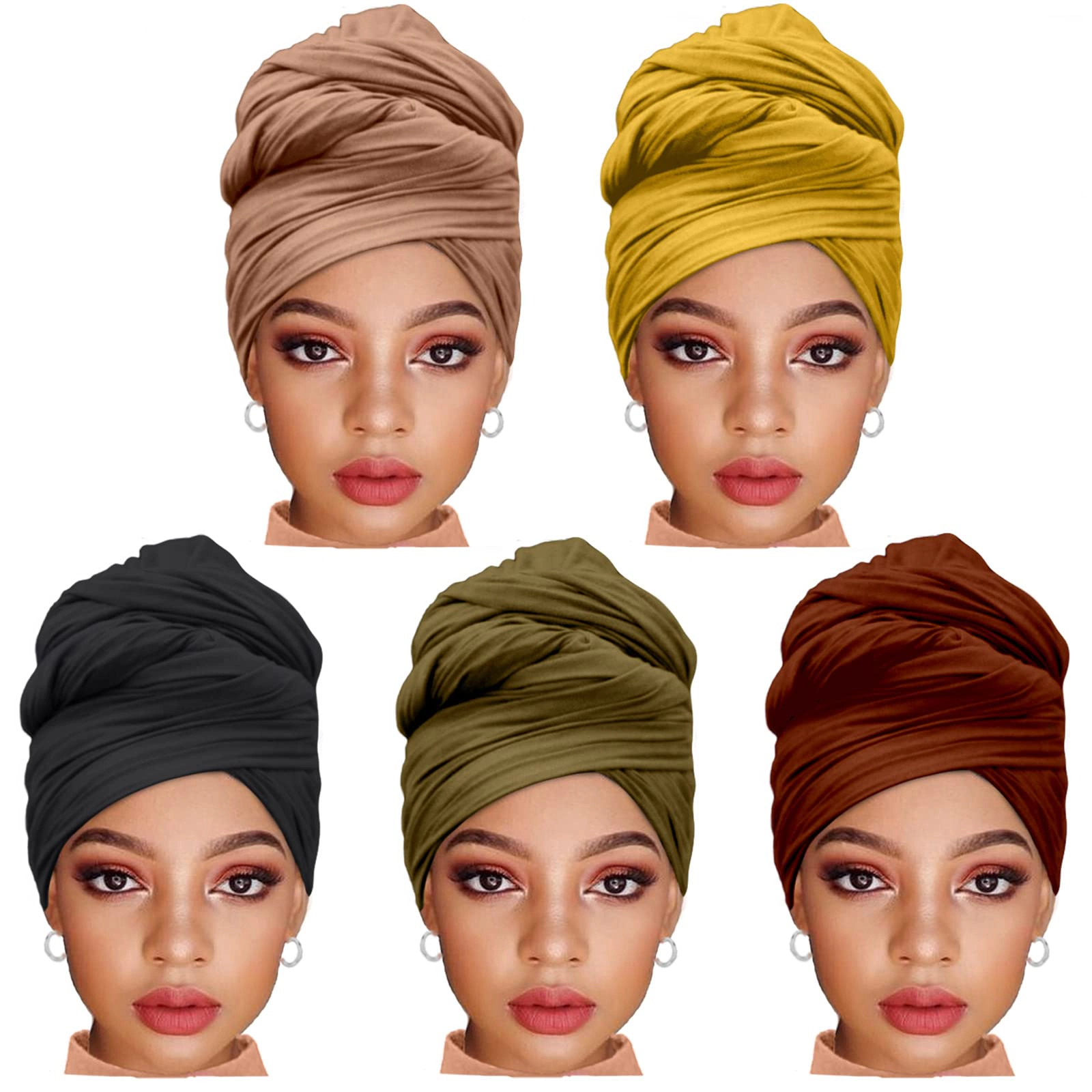 5 Pcs Stretch Jersey Hijab Extra Long Scarf, Turban Fashion Head Wraps for Women, Soft Solid Color