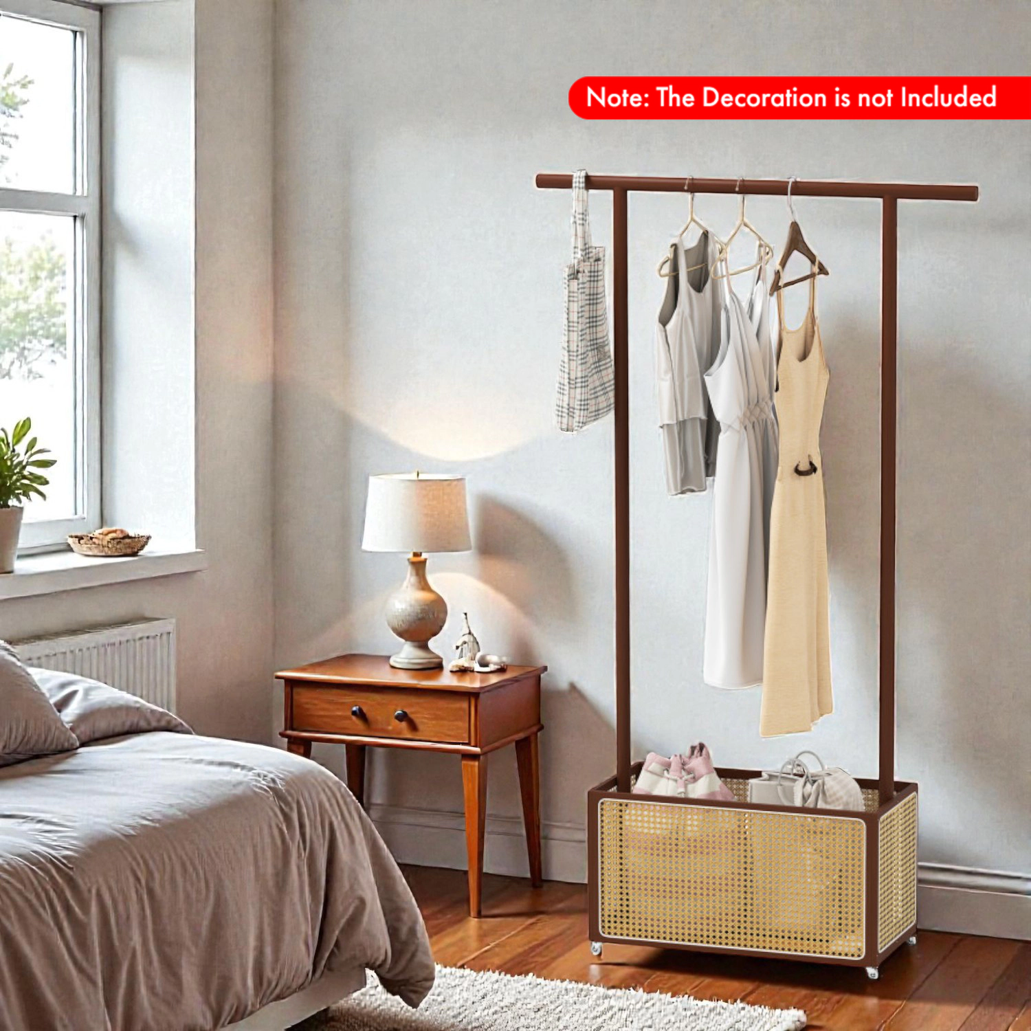 Hivvago Bamboo Garment Stand with Woven Rattan Storage Bin and Wheels