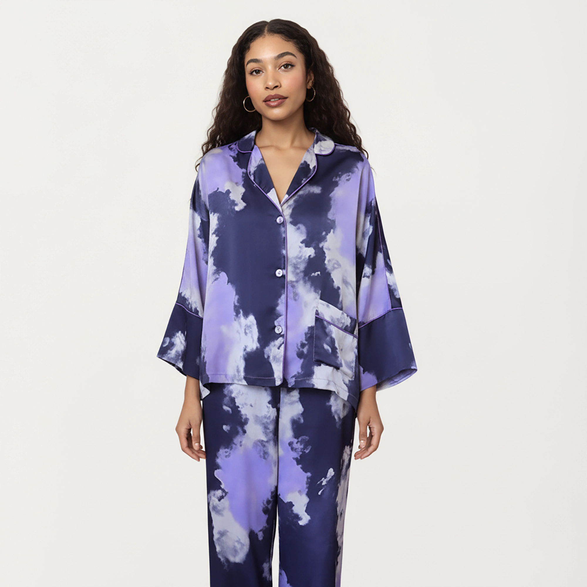 Anna-Kaci Women's Satin Pajama Set with Cloud Print Long Sleeve Button Top and Wide Leg Pants