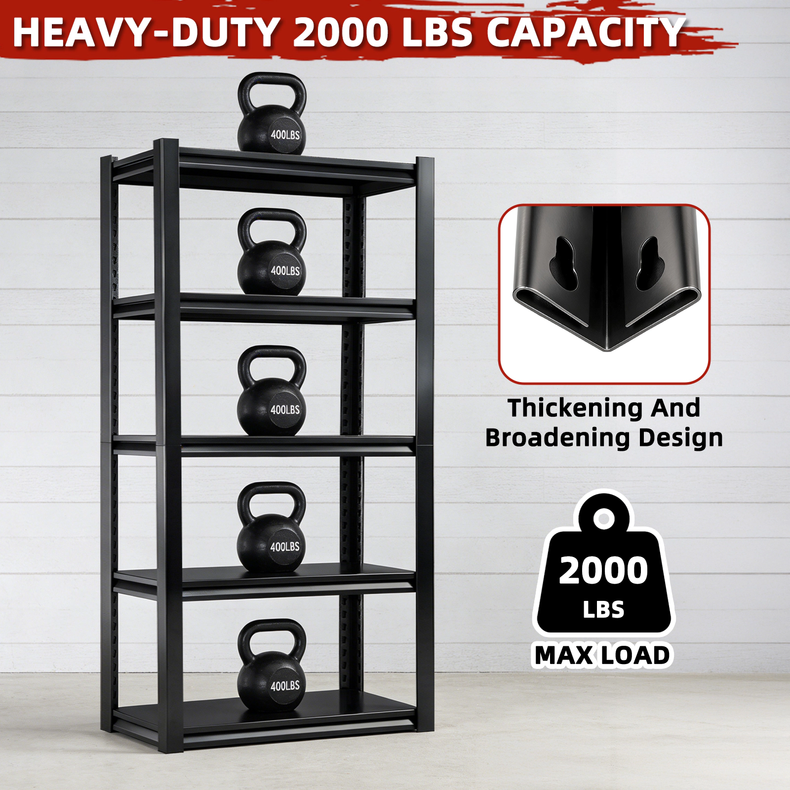 Flynama 5-Tiers Steel Heavy Duty Adjustable Boltless Design Shelving Unit in Black (31.5 in. W x 63 in. H x 15.7 in. D)
