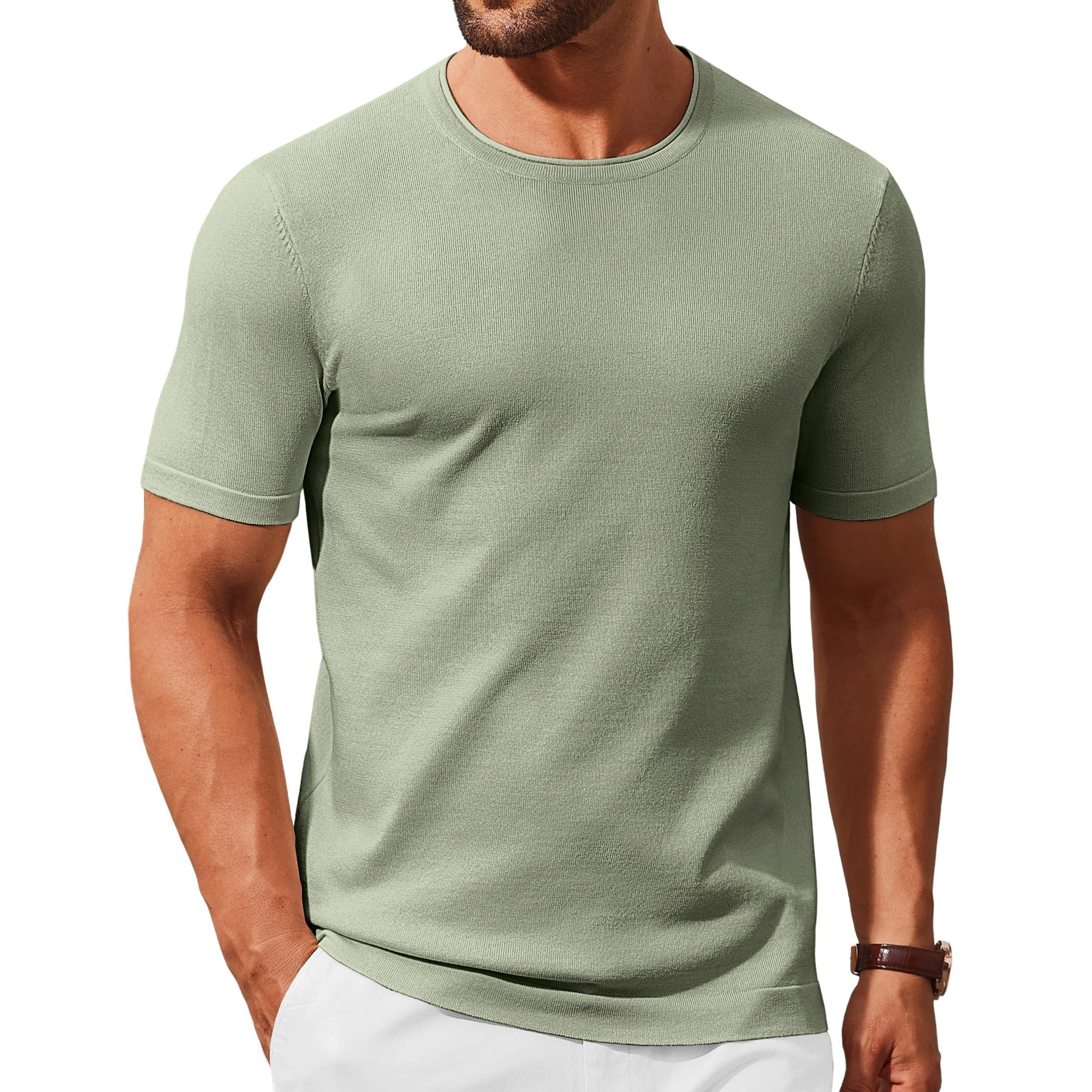 COOFANDY Mens Ribbed Knit Tee Short Sleeve Crew Neck Slim Fit Casual  Tops