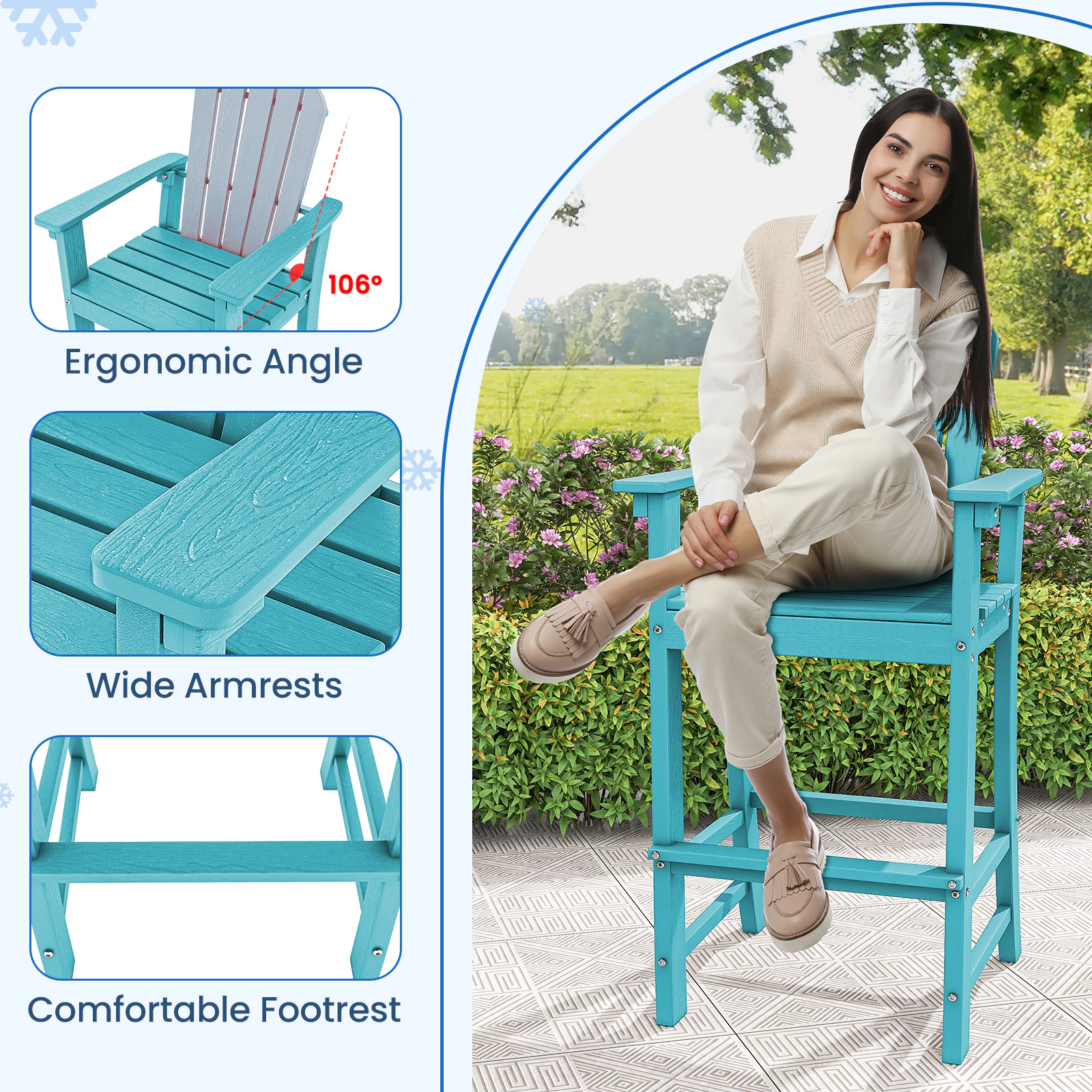 SUGIFT All-Weather Counter Height HDPE Bar Stool with Armrests and Footrest 360-Lb Capacity 30-in Seat Height Turquoise
