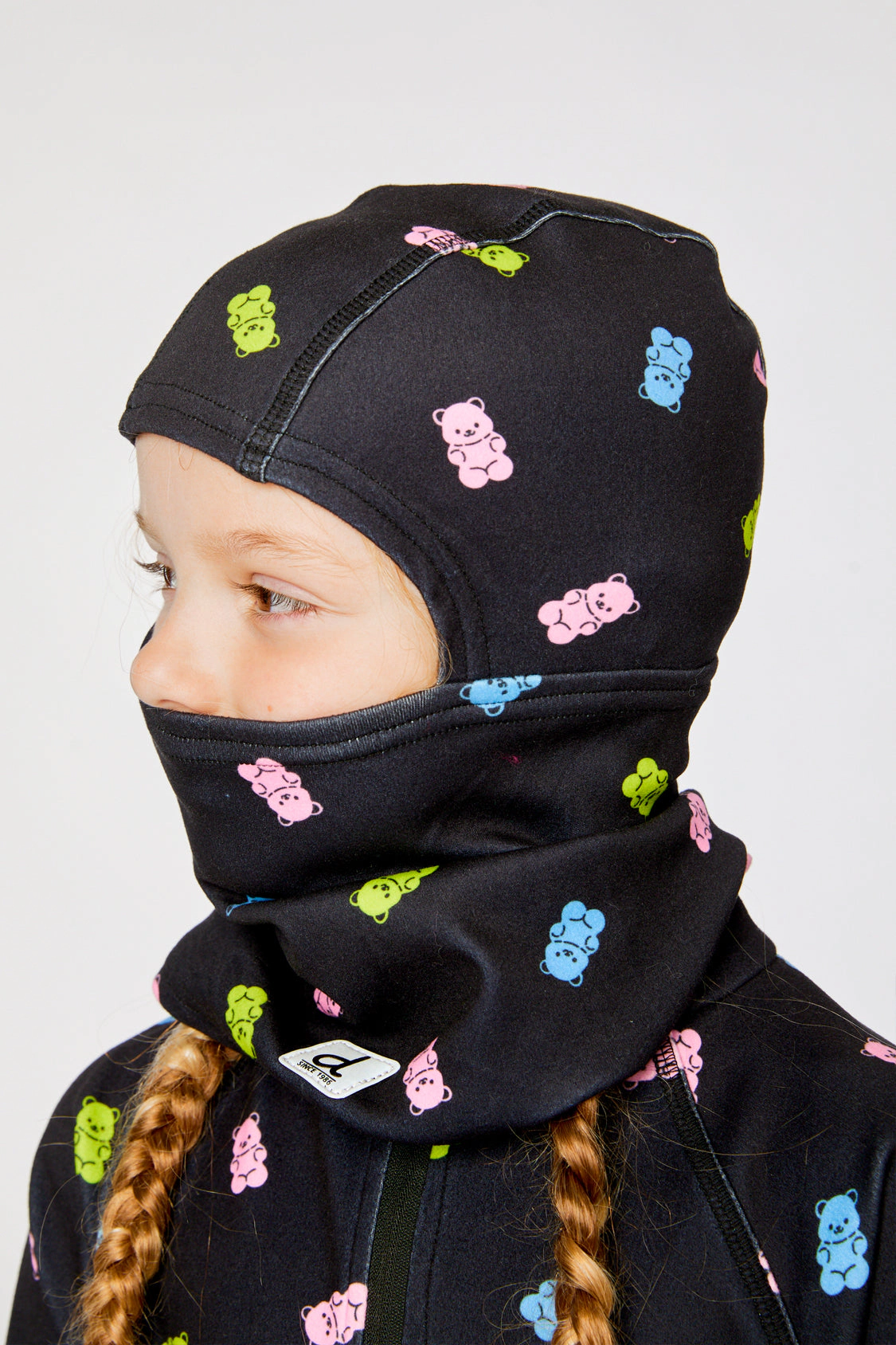 Deux par Girls Brushed Jersey Balaclava with Printed Gummy Bears and Reflective Patch