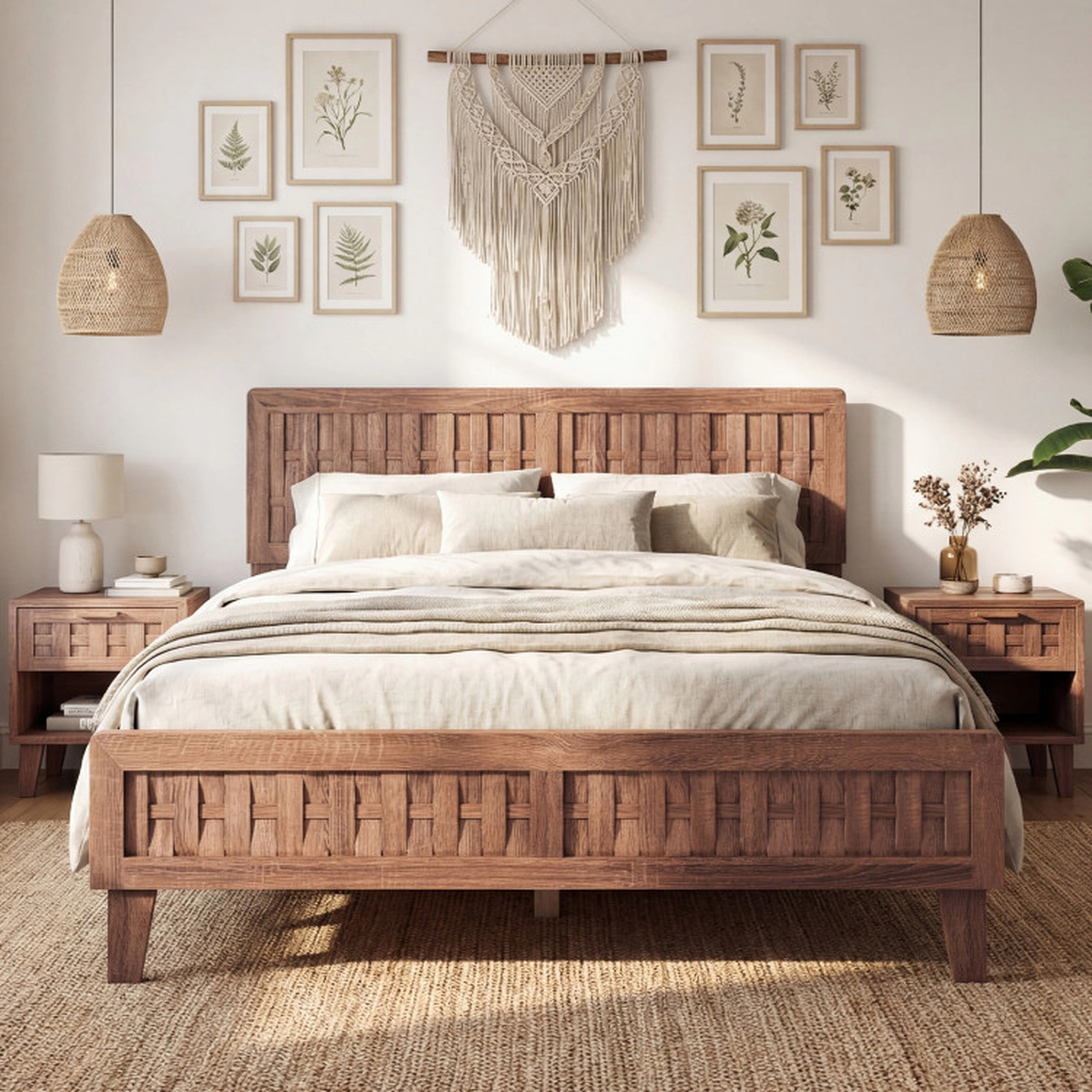 SUGIFT Mid Century Queen Size Bed Frame Woven Headboard 700-Lb Capacity 85-in Long Platform 80 x 61-in Bed Surface