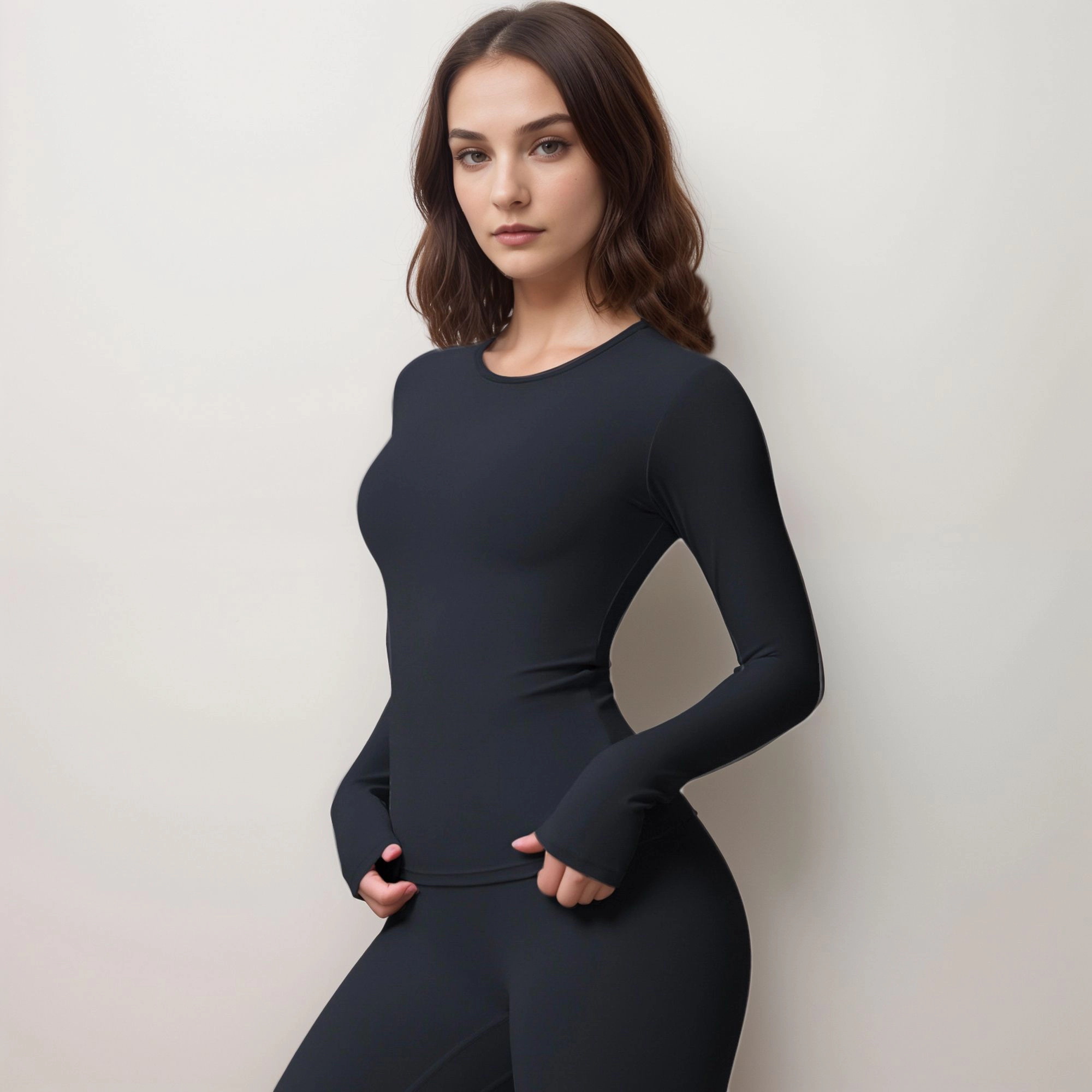 Anna-Kaci Women's Active Top with Crew Neckline Seamless Fitted Silhouette and Thumbhole Cuffs